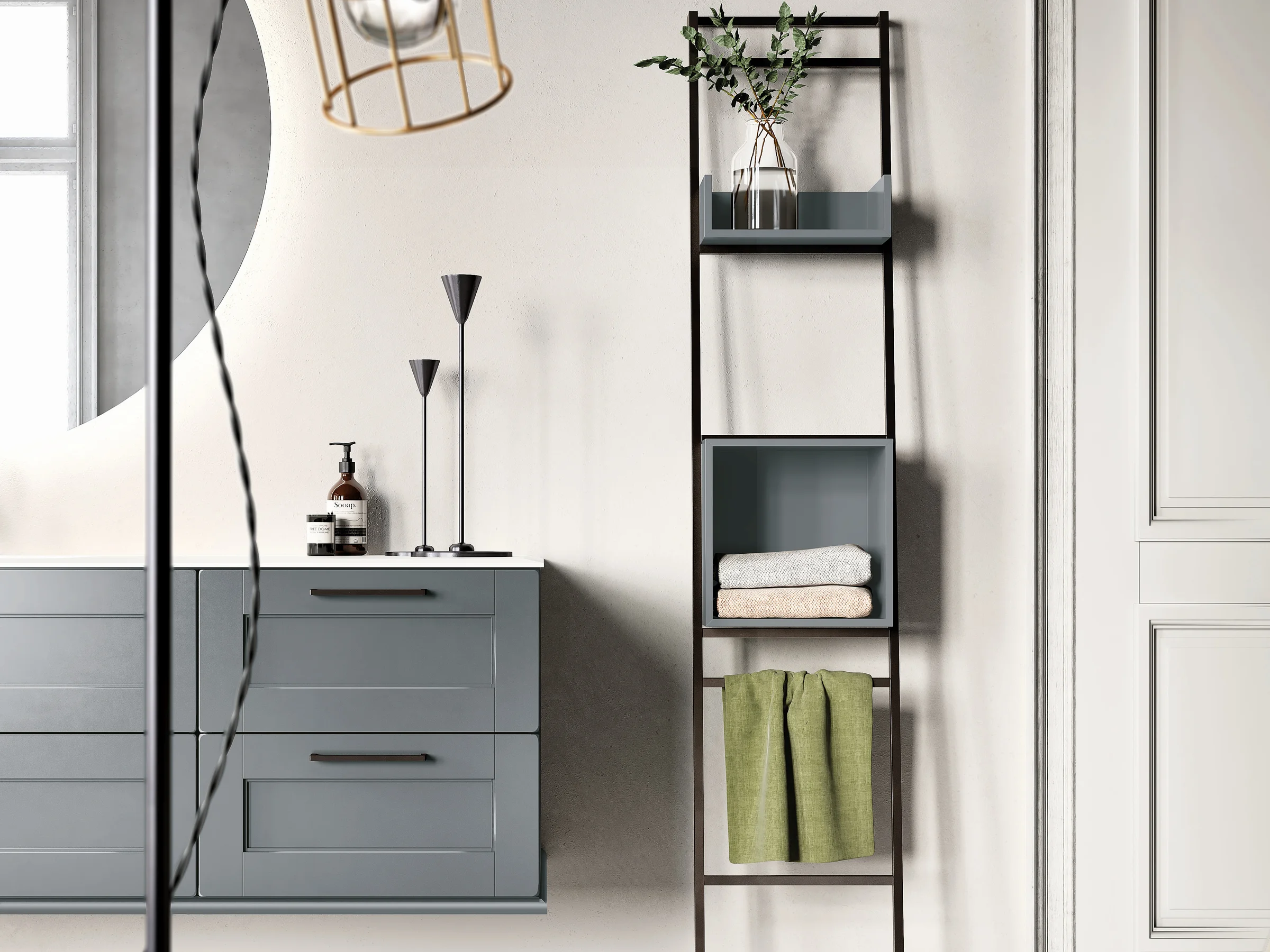 Fugenloser Waschtisch mit Unterschrank, Serie ACCADEMIA, 150 x 52 cm. Individuell geplanter Waschplatz nach Maß.