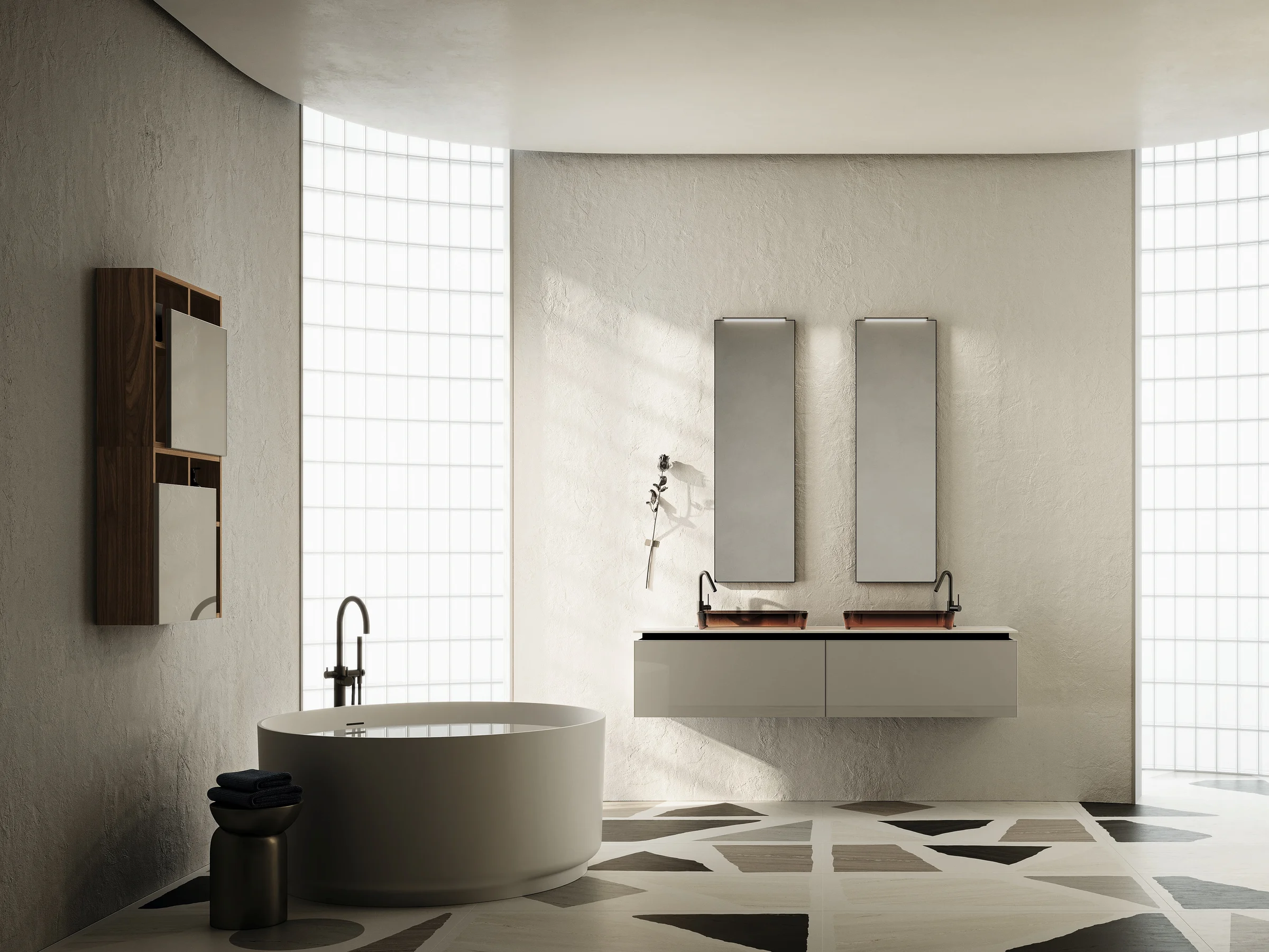 Doppelwaschtisch ALTO 01 mit heller Marmorplatte und zwei bernsteinfarbenen Auflagebecken auf grauem Unterschrank