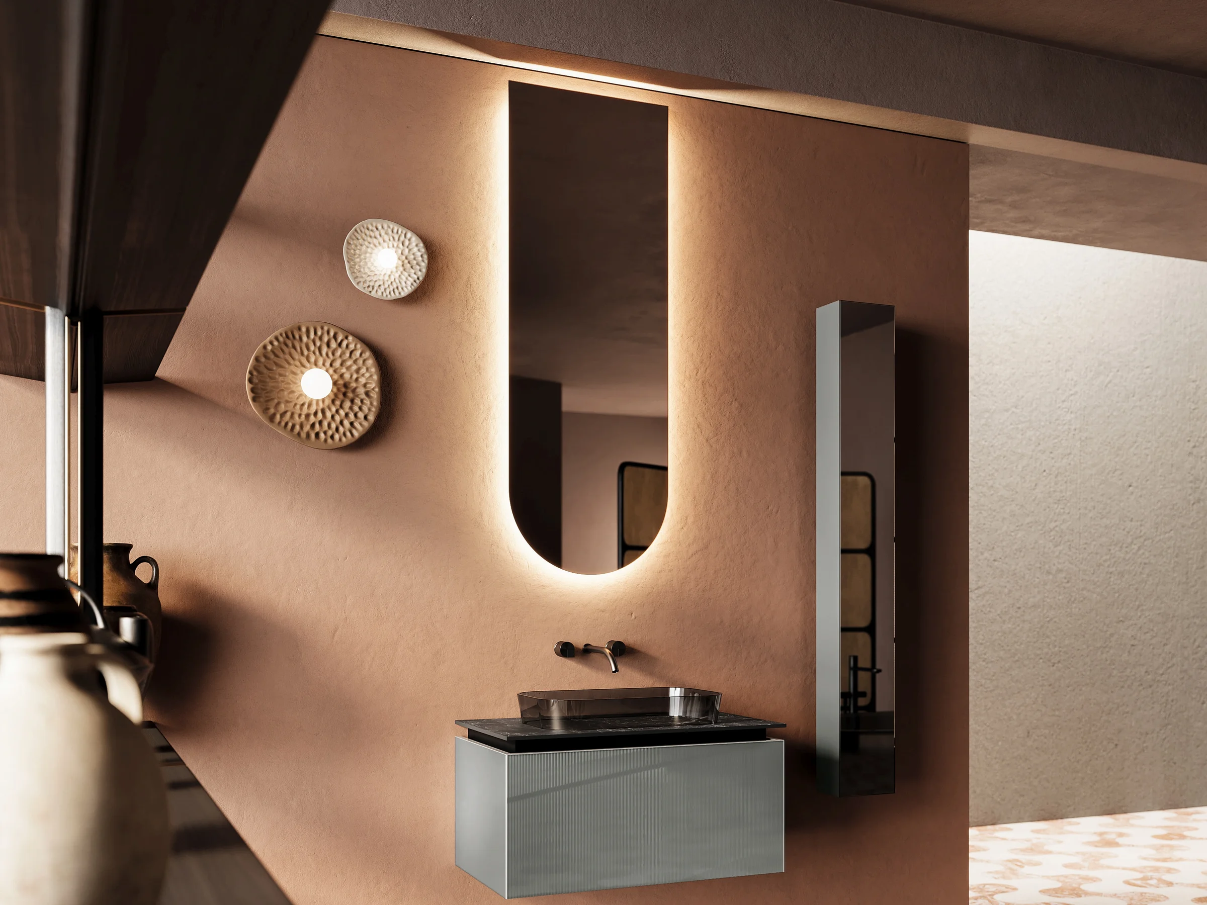 Einzelwaschtisch ALTO 04 mit schwarzer Gress-Marmorplatte und hochglänzendem Unterschrank in dunklem Grau