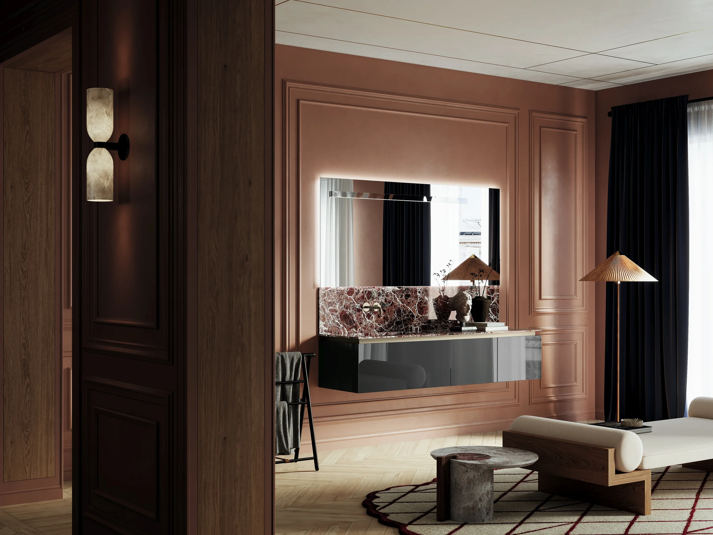 Waschtisch ALTO 07 mit burgunderroter Gress-Marmorplatte und gerillten Fronten in Anthrazitgrau mit Golddetails