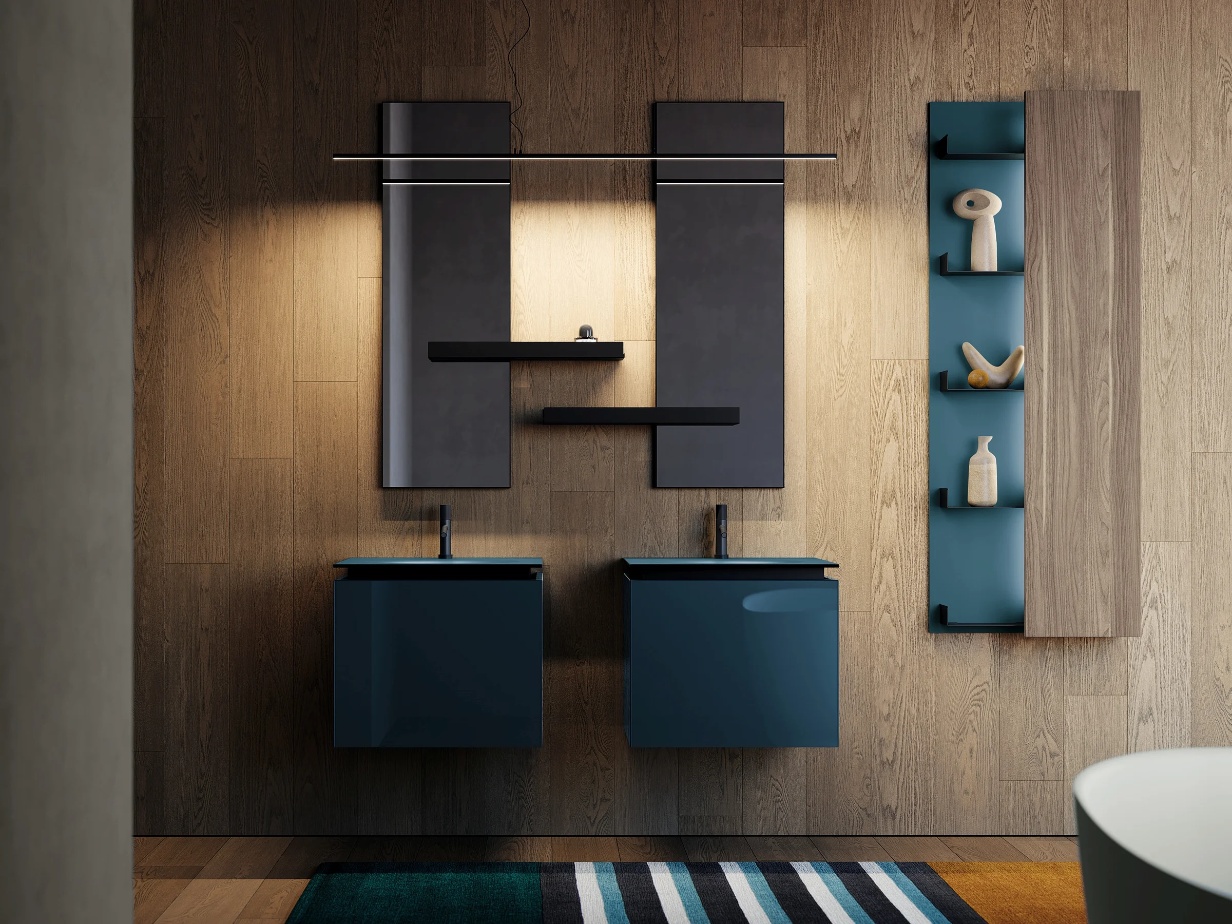 Doppelwaschtisch ALTO 09 mit zwei getrennten Modulen in tiefem Blaugrün und mattem Glaswaschtisch