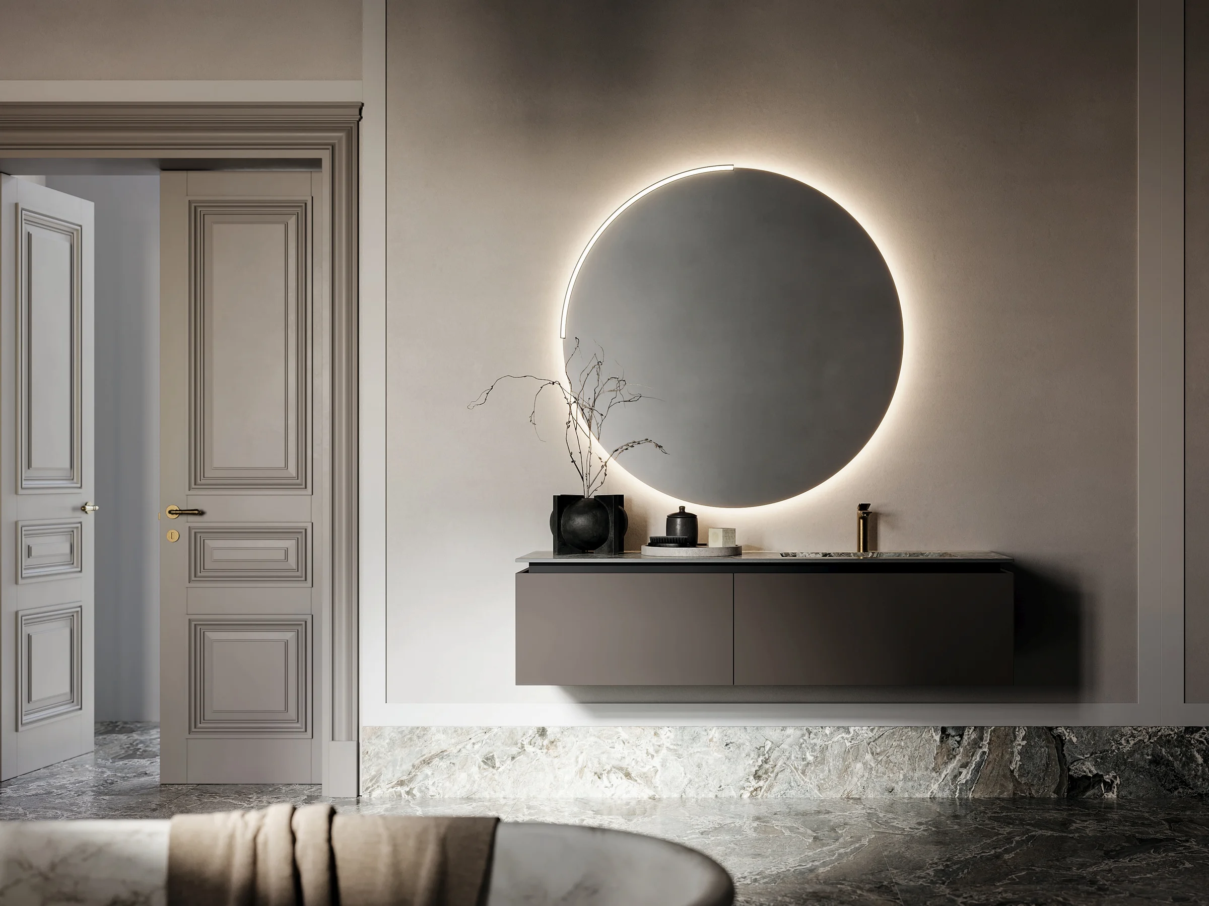 Waschtisch ALTO 10 mit graugrüner Gress-Marmorplatte und flachem Unterschrank in gedämpftem Graubraun