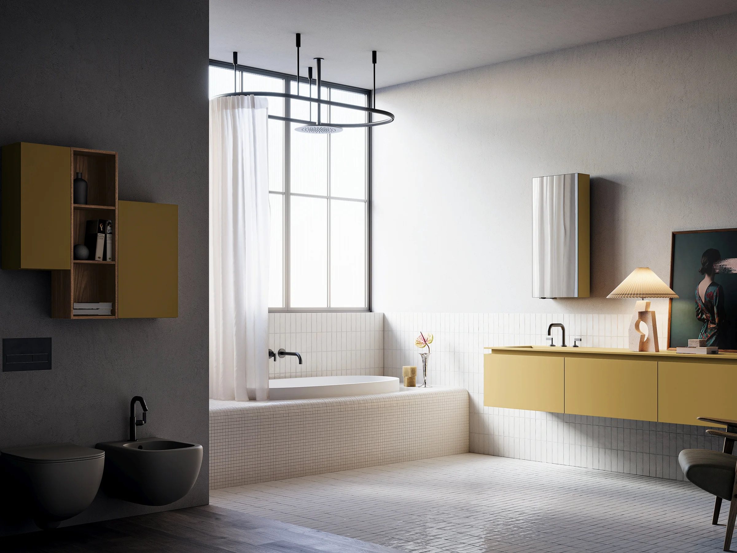 Waschtisch ALTO 14 mit durchgehend senfgelbem Mineraltek-Waschtisch und gleichfarbigem Unterschrank