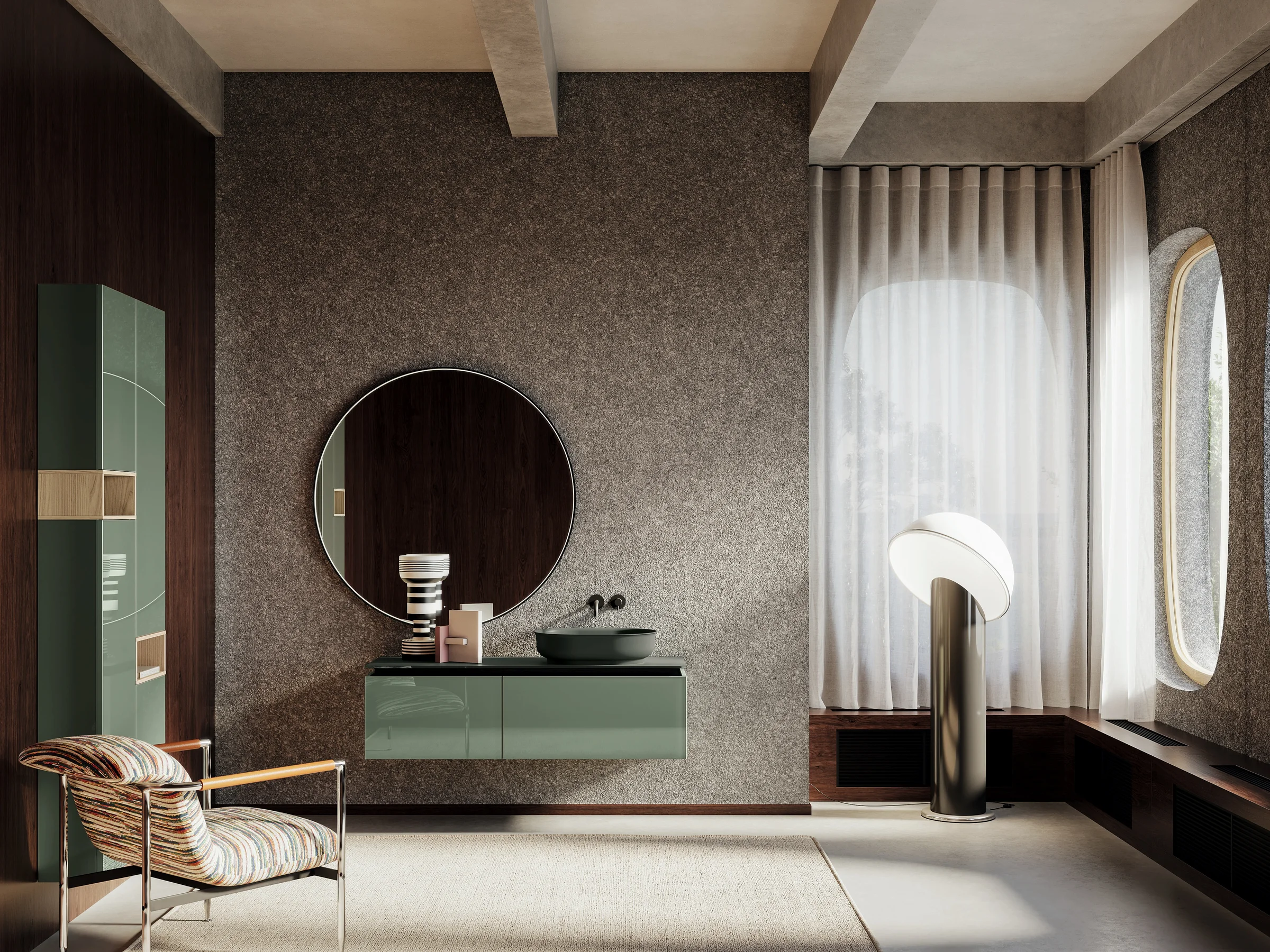 Waschtisch ALTO 15 mit hochglänzenden Fronten in Salbeigrün und Hochschrank mit dunklen Holznischen