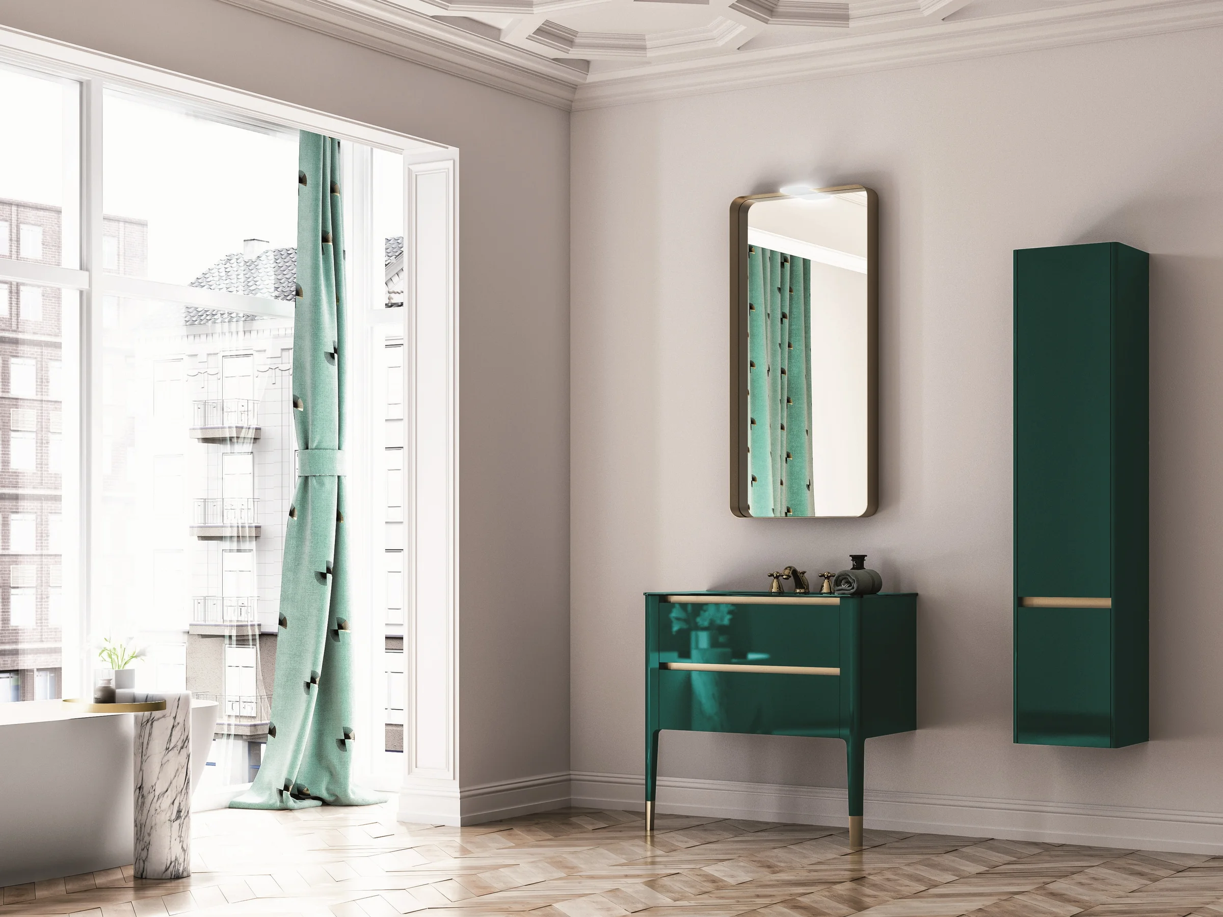 Bodenstehender Waschtisch ART 05 in Smaragdgrün mit facettierten Schubladenfronten und goldfarbenen Griffleisten