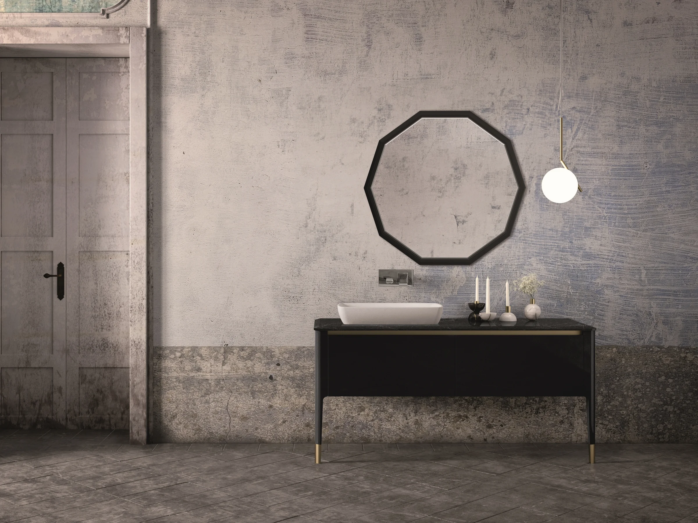 Bodenstehender Waschtisch ART 08 in Graphitschwarz mit dunkler Marmorplatte und weißem Auflagebecken