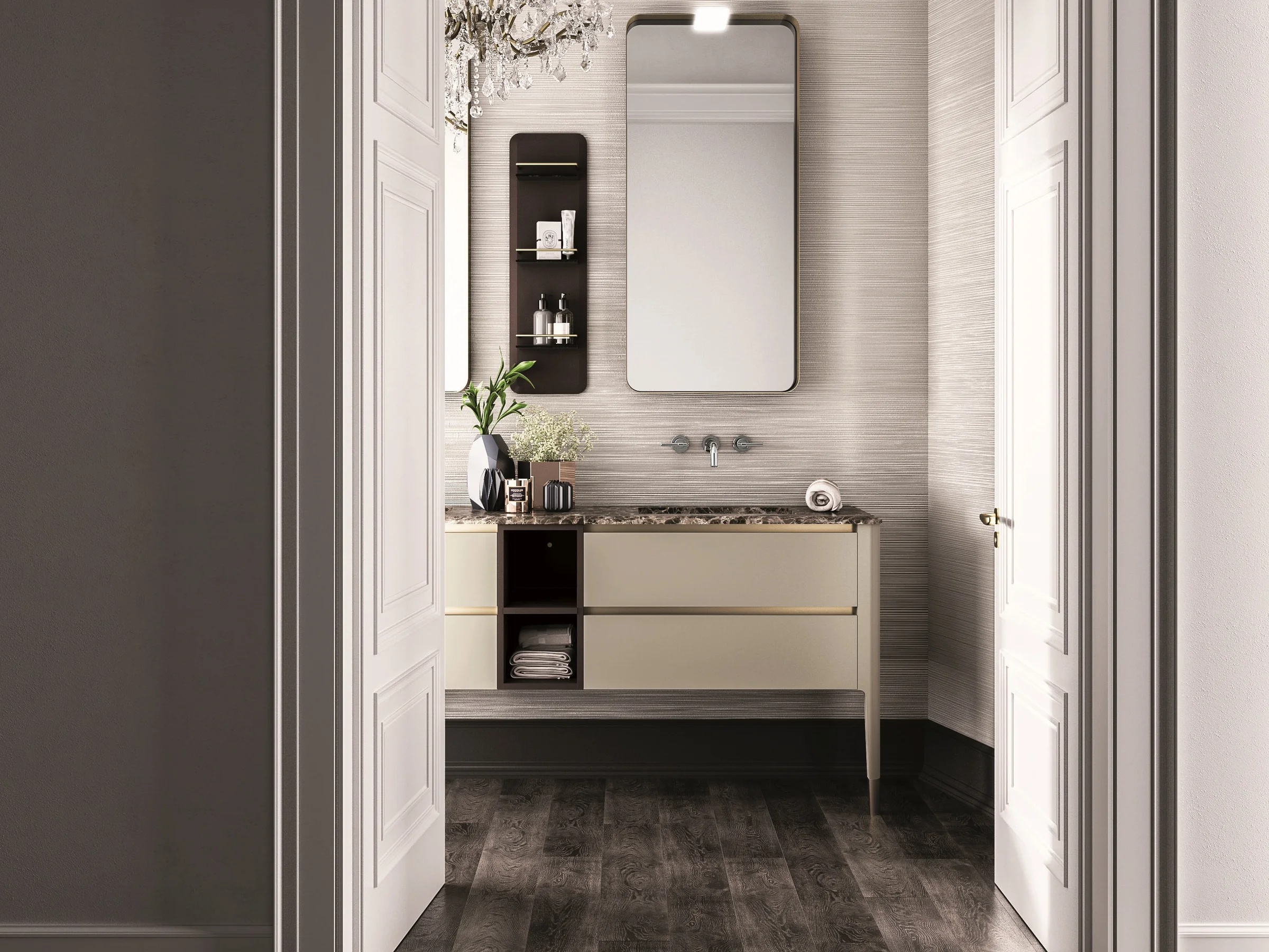 Bodenstehender Doppelwaschtisch ART 10 in Champagnerton mit brauner Marmorplatte und offenem Mittelfach