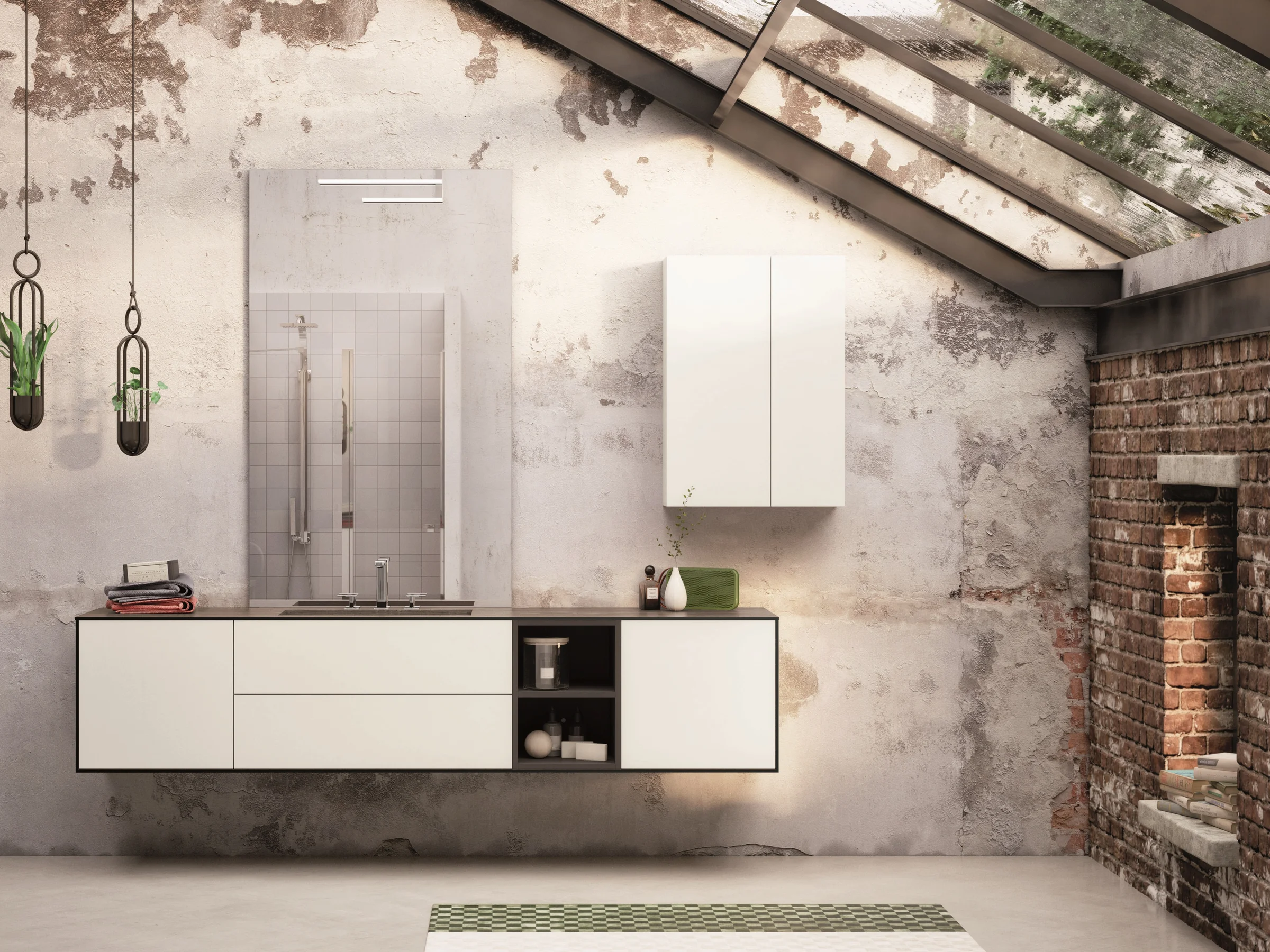 Waschtisch EDGE-LeCornici 01/B mit dunkler Holzdekor-Platte und cremeweißen Fronten mit offenen Fächern