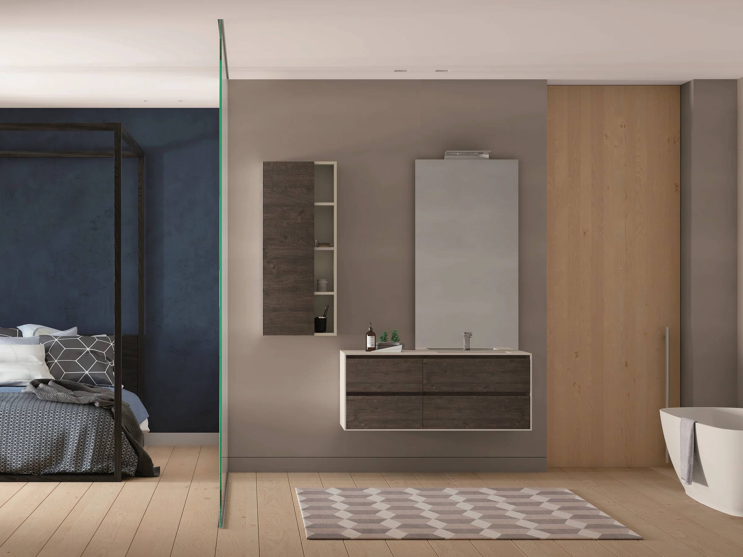 Waschtisch EDGE-LeCornici 07 mit heller Platte und dunklen Holzfronten in hellem Lackrahmen