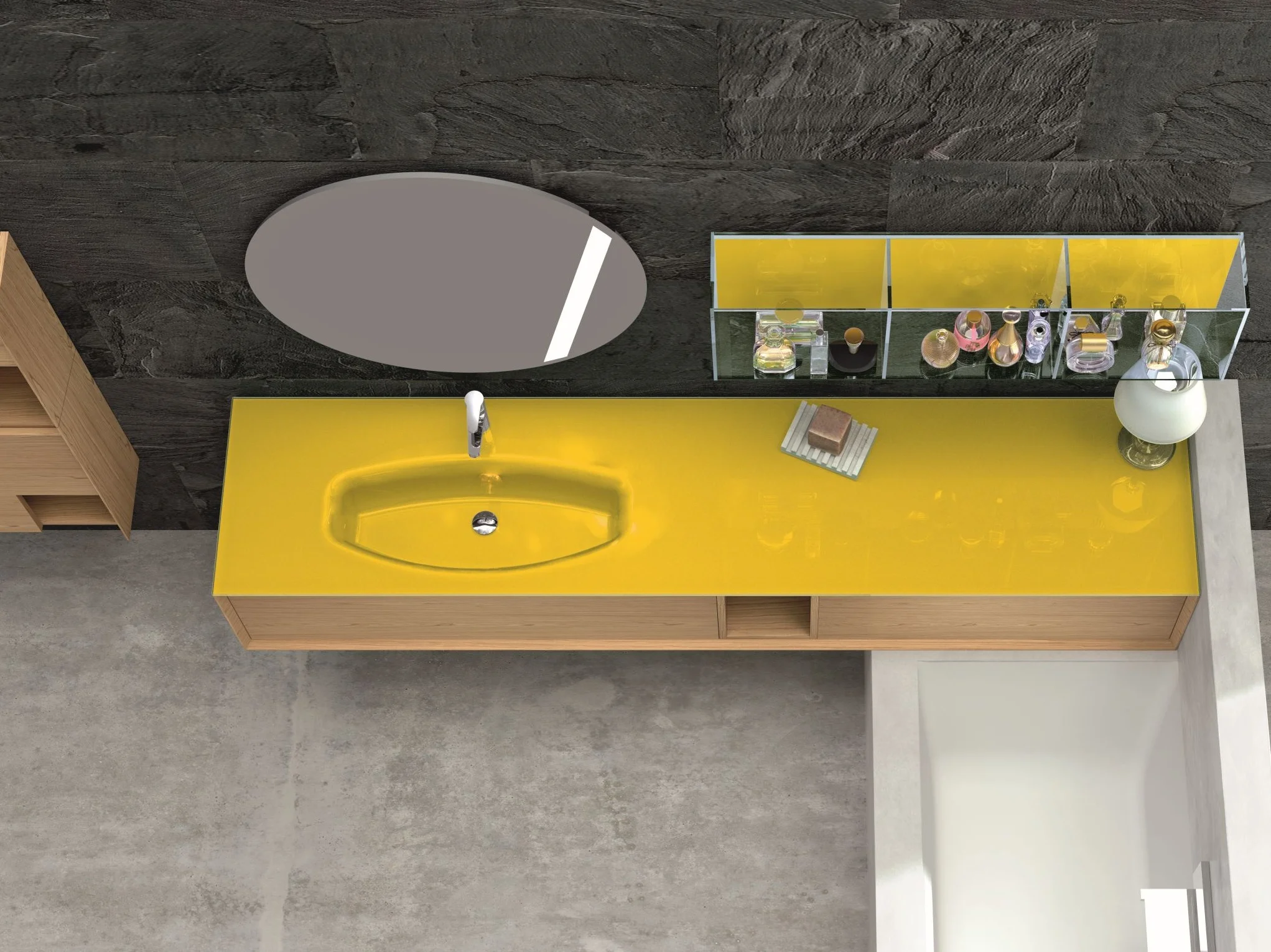 Waschtisch EDGE-MODULA 102 mit leuchtend gelber Glasplatte und Fronten in hellem Eichenholz mit offenen Nischen