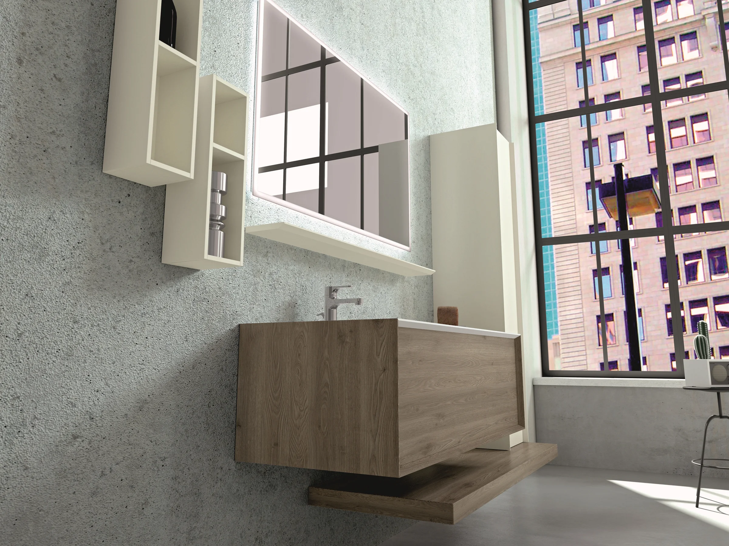 Waschtisch EDGE-MODULA 107 mit weißer SolidTek-Platte und hellem Eichenholz-Unterschrank mit offenem Fach