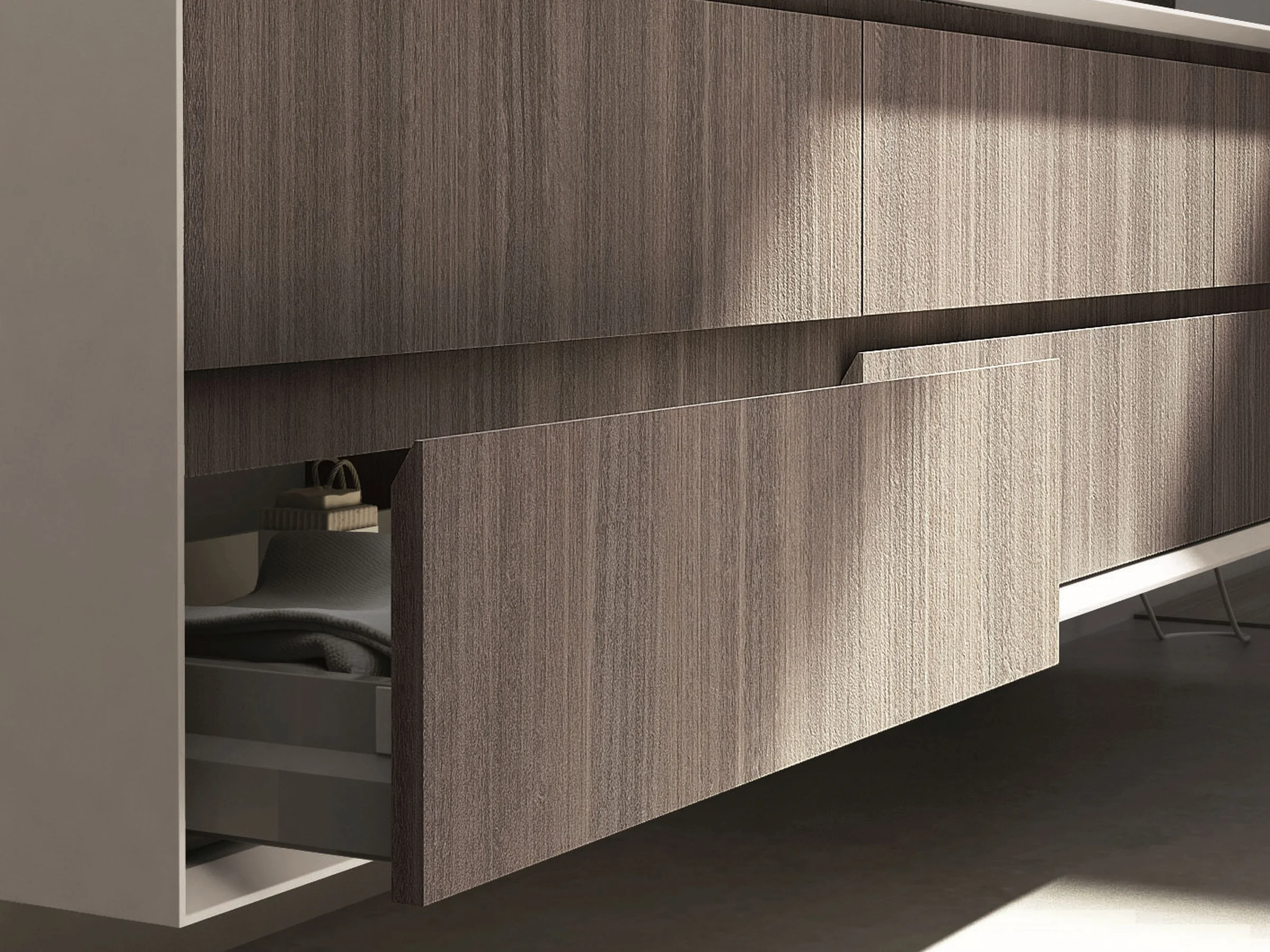 Waschtischanlage EDGE-MODULA H-121 in Weiß mit breiter SolidTek-Platte und offenem Regalfach darunter