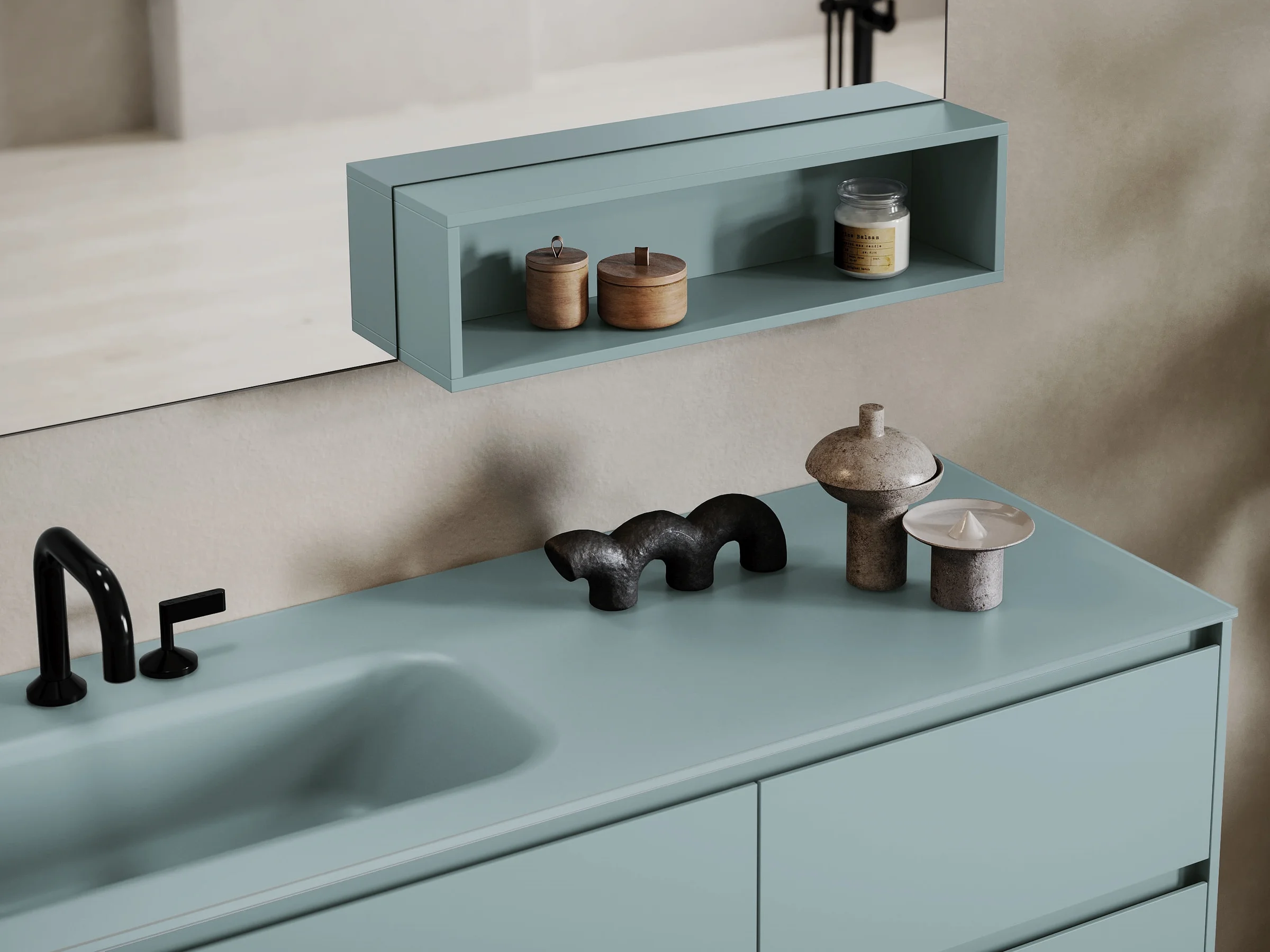 Waschtisch EDGE-LeCornici 11/B in gedämpftem Graublau-Grün mit fugenlosem Glaswaschtisch und matten Fronten