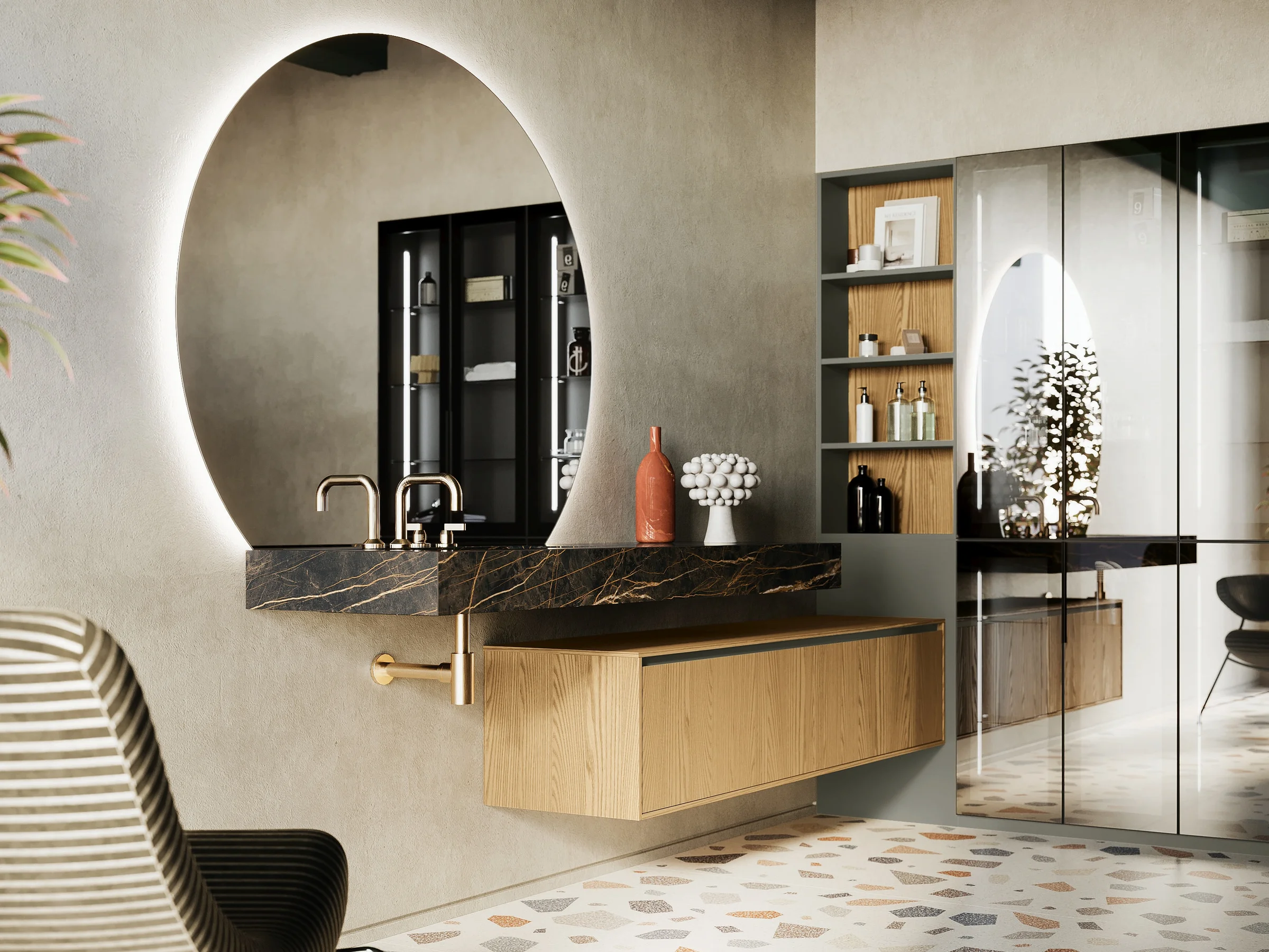 Waschtisch EDGE-LeCornici 12 mit dunkler Gress-Marmorplatte und hellem Echtholz-Unterschrank mit Golddetails