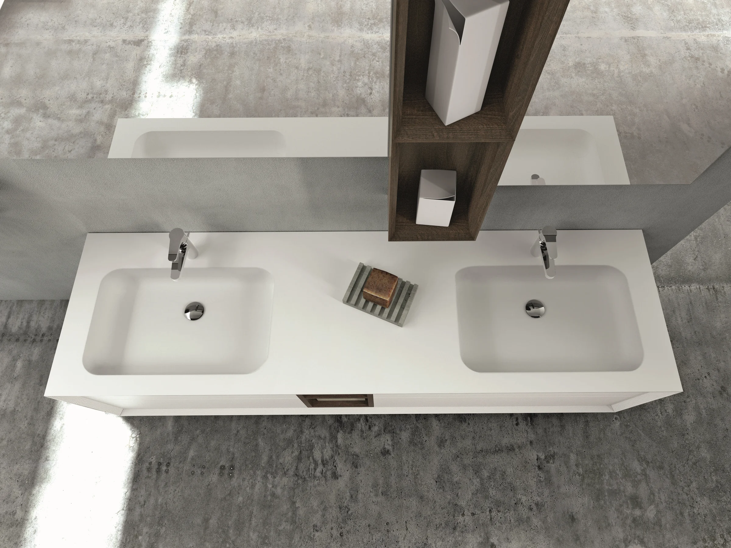 Doppelwaschtisch EDGE-MODULA 112 mit weißer SolidTek-Platte und cremefarbenen Fronten in hellem Holzdekor