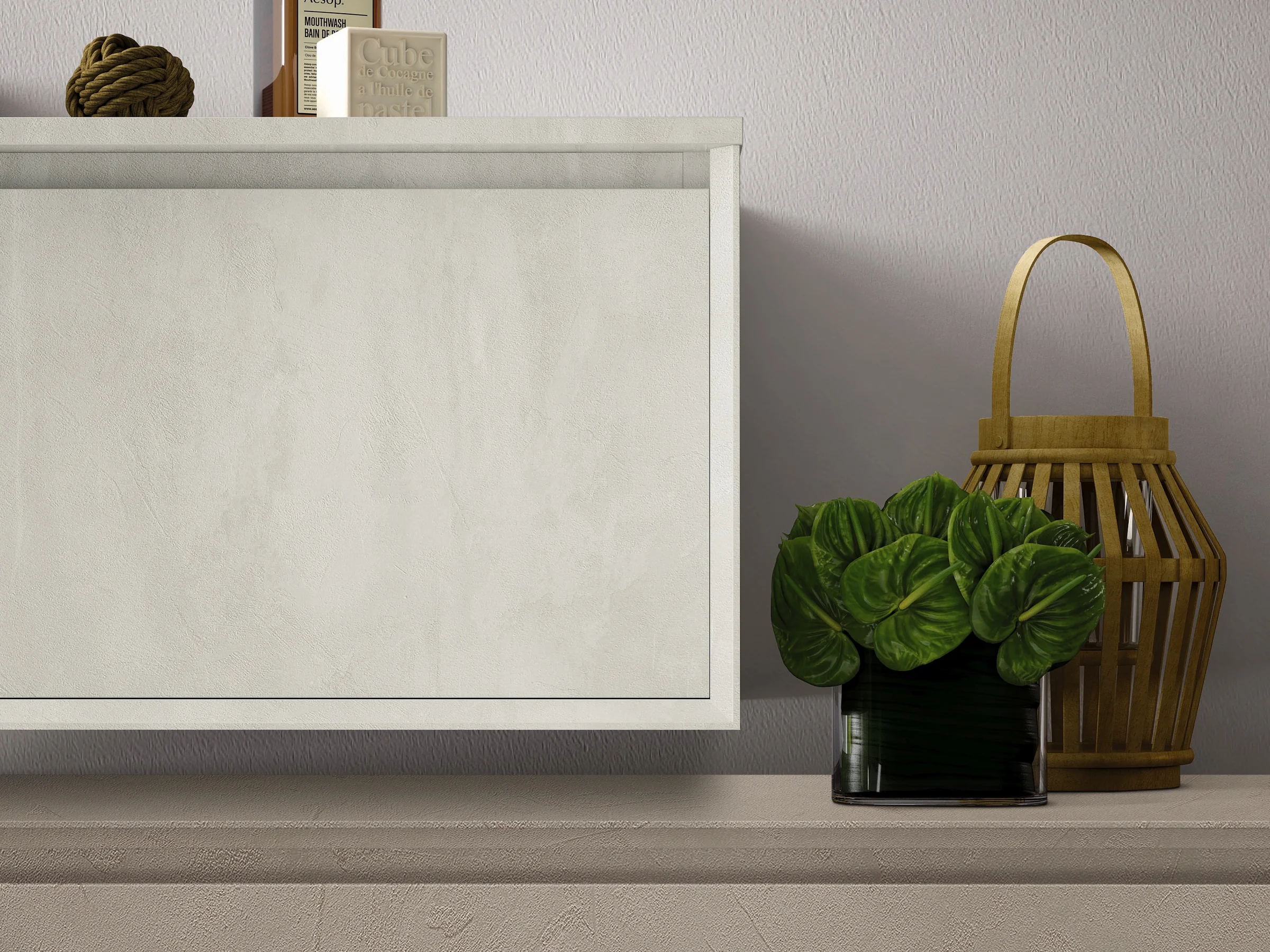 Modularer Waschtisch EDGE-MODULA X-122B mit versetzt montierten Elementen in Grau- und Beigetönen