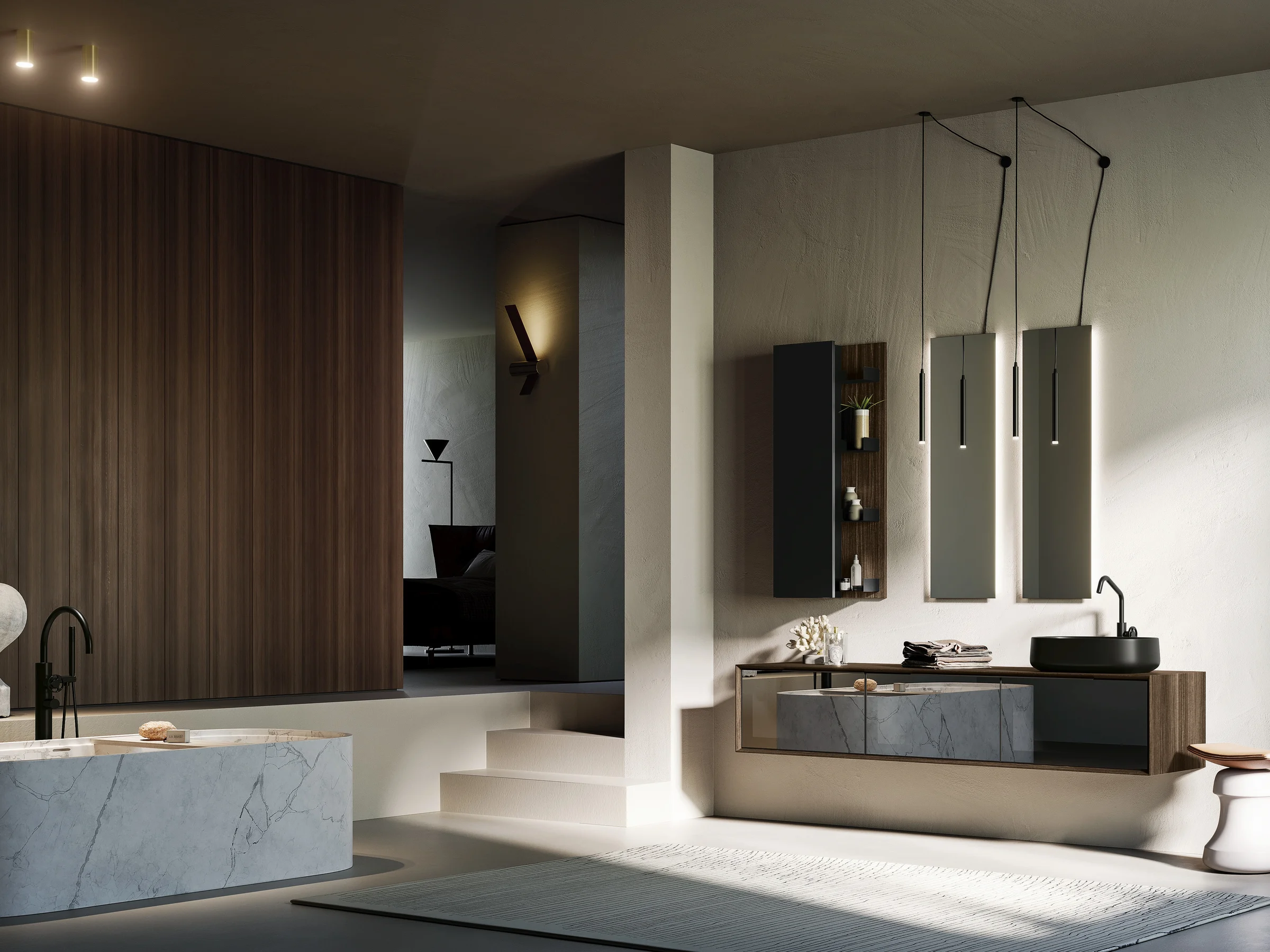 Waschtisch EDGE-MODULA 01 in dunklem Holzdekor mit schwarzem ovalem Auflagebecken und olivgrauen Fronten