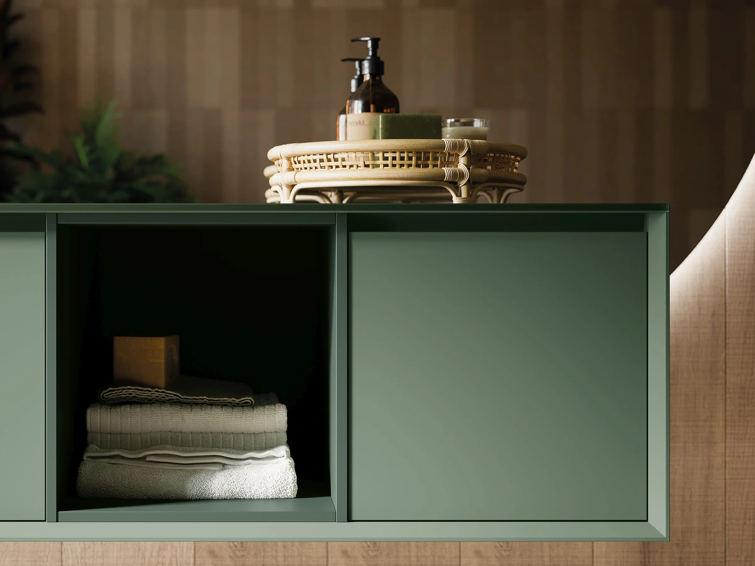 Waschtisch EDGE-MODULA 05/C in gedämpftem Waldgrün mit schwarzem Auflagebecken und goldener Armatur