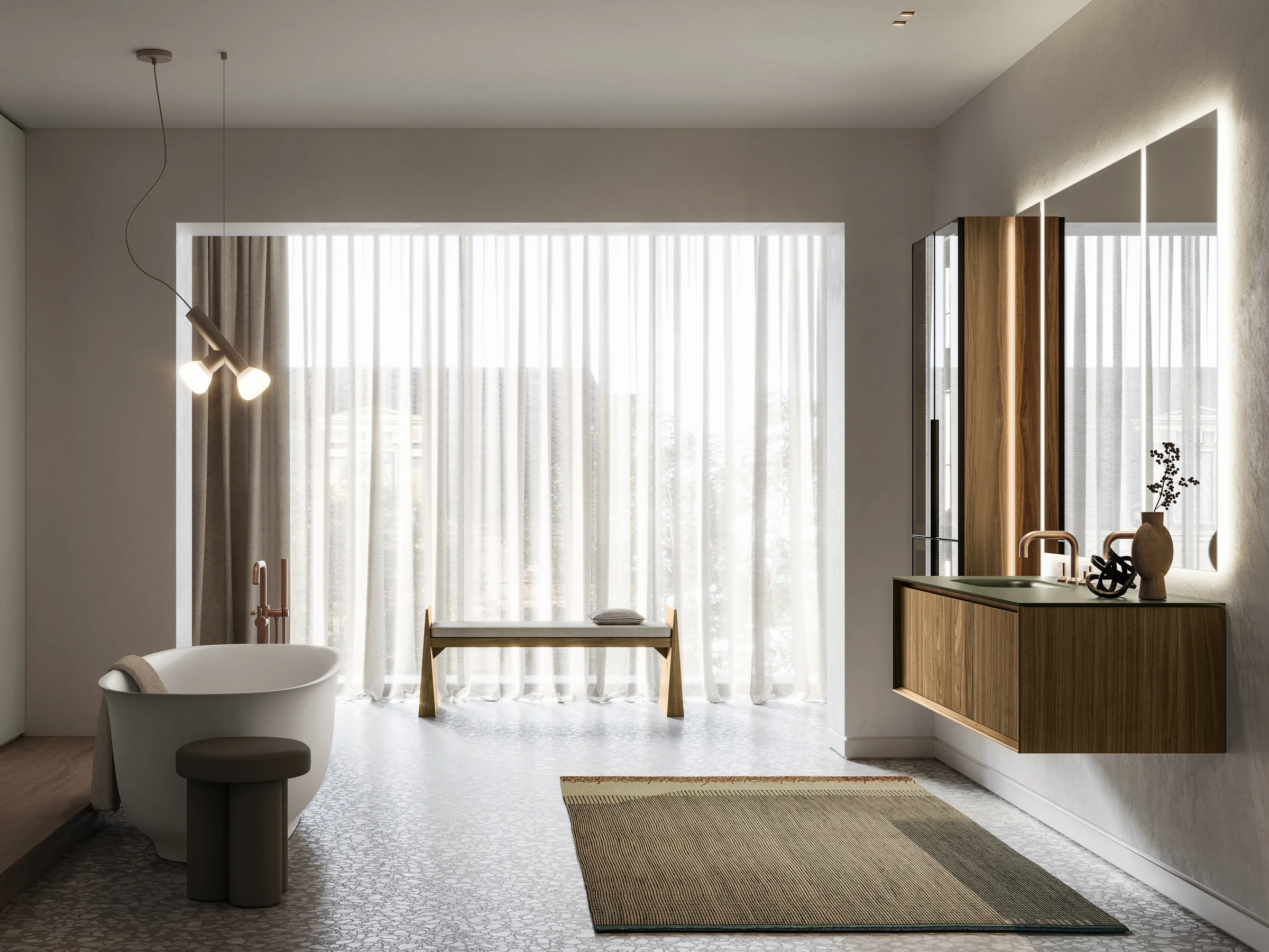 Waschtisch EDGE-MODULA 07/B mit olivgrüner Glasplatte und Echtholz-Fronten in warmem Nussbaum