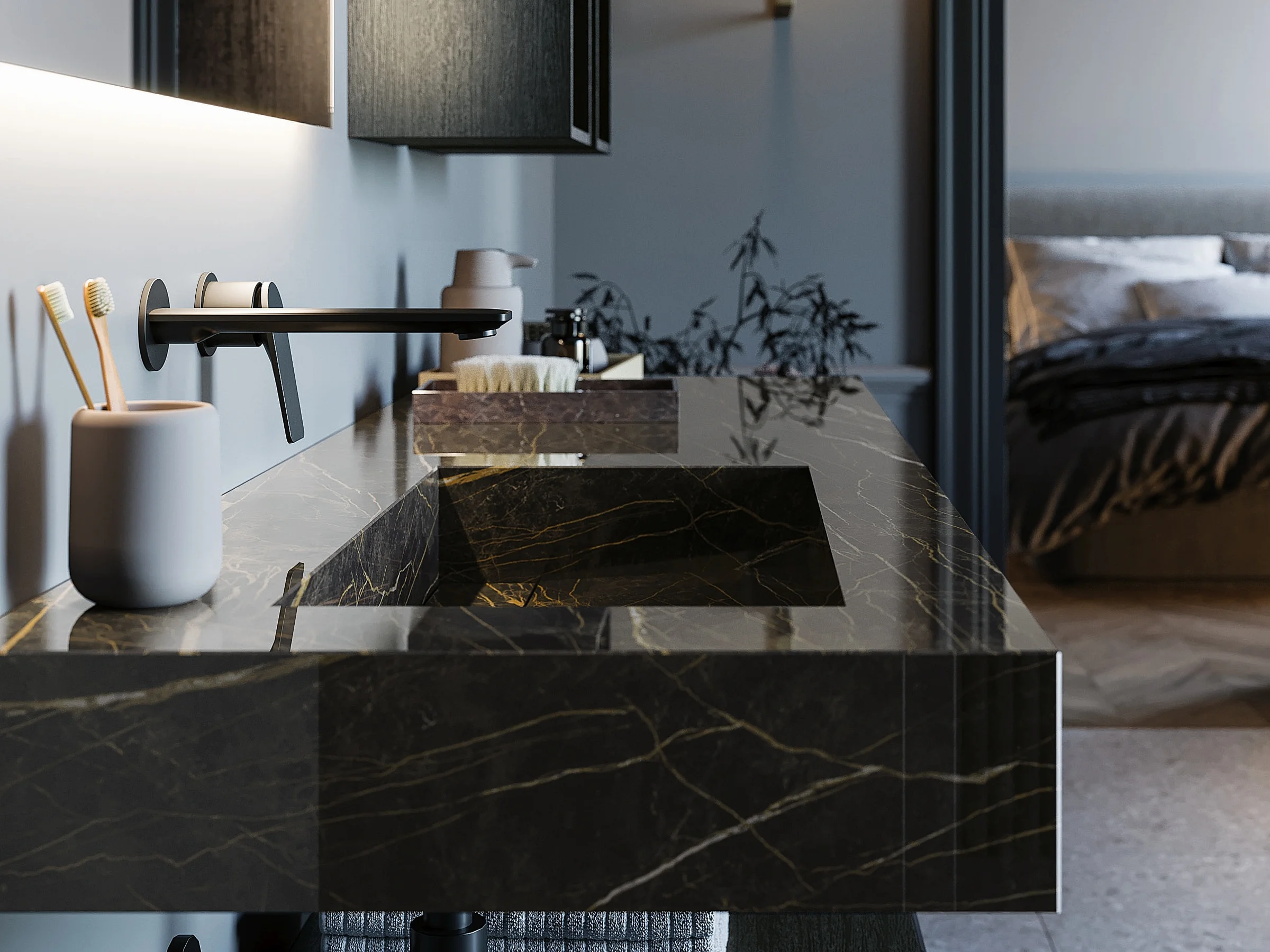 Waschtisch OLA 21-15 mit schwarzer Gress-Marmorplatte und flachem dunklem Unterschrank mit verspiegeltem Modul