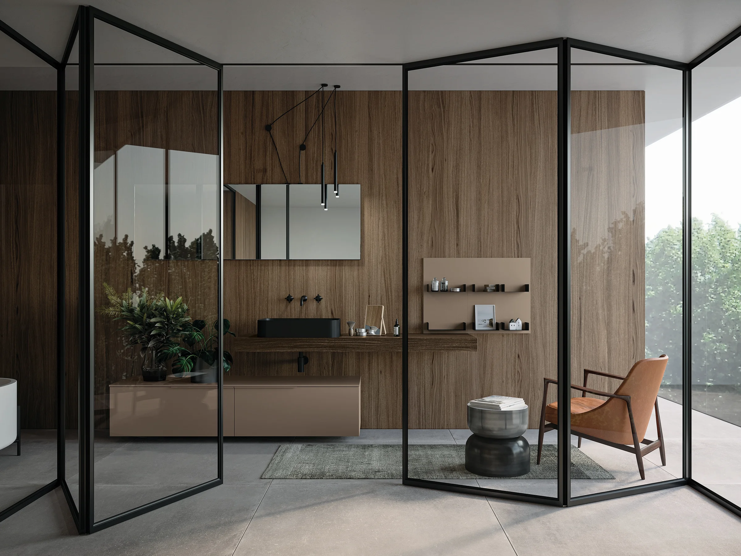 Waschtisch OLA 21-16 mit dunkler Holzplatte und schwarzem Auflagebecken auf flachem Unterschrank in Graubraun