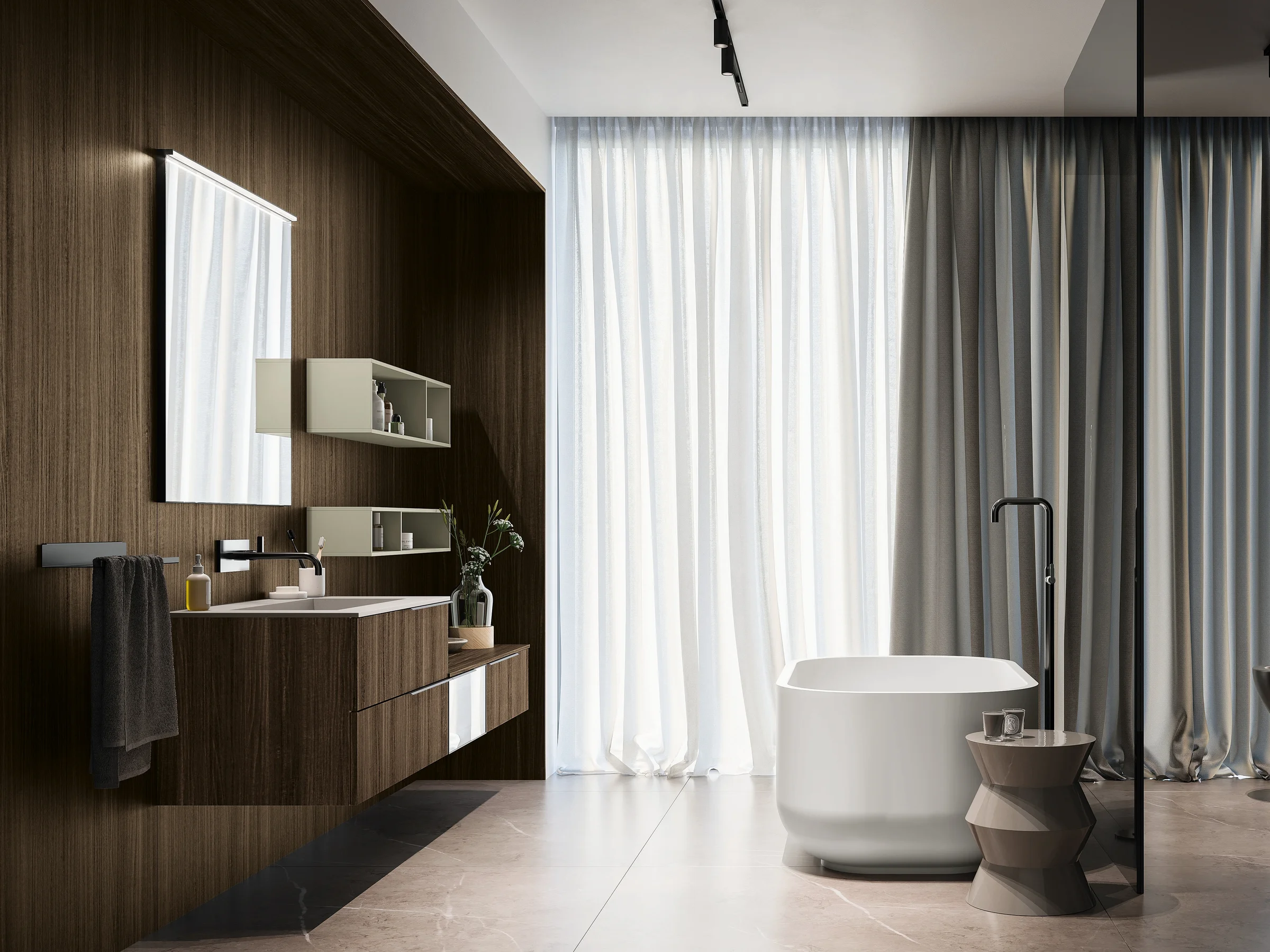 Waschtisch OLA 21-17 mit heller Gress-Platte in Betonoptik und dunklem Holzunterschrank in Eucalipto