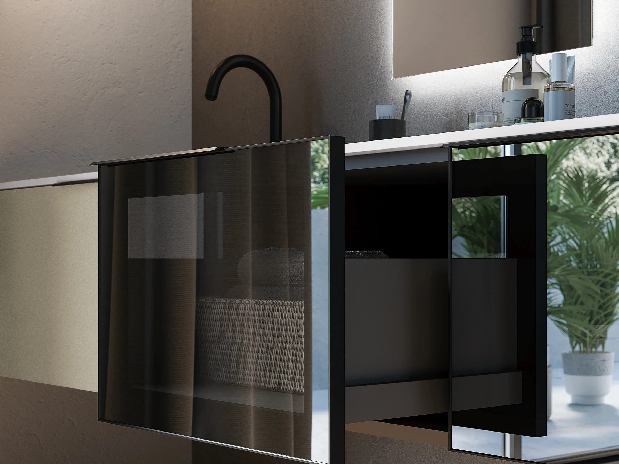 Waschtisch OLA 21-20/B mit heller Ocritech-Platte und cremefarbenen Fronten neben dunklem Glasschrank