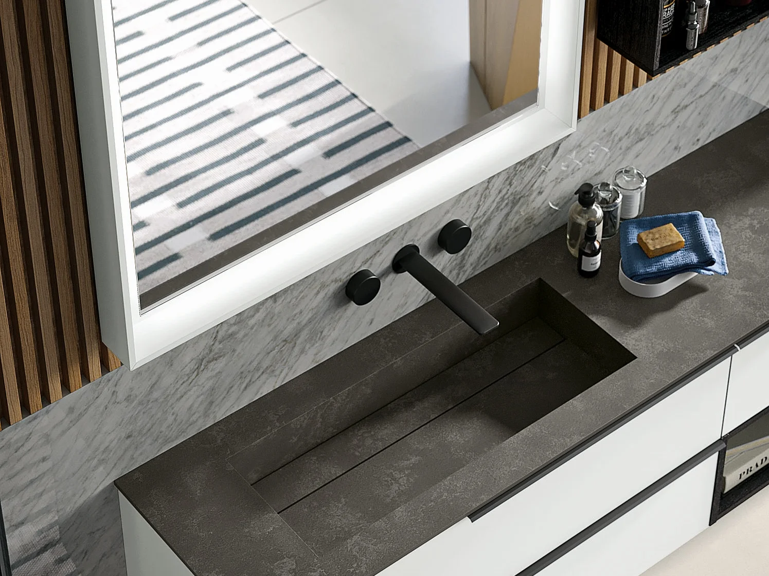 Waschtisch OLA 21-25 mit dunkler Steinplatte und hellen Fronten in fast weißem Gewebedekor