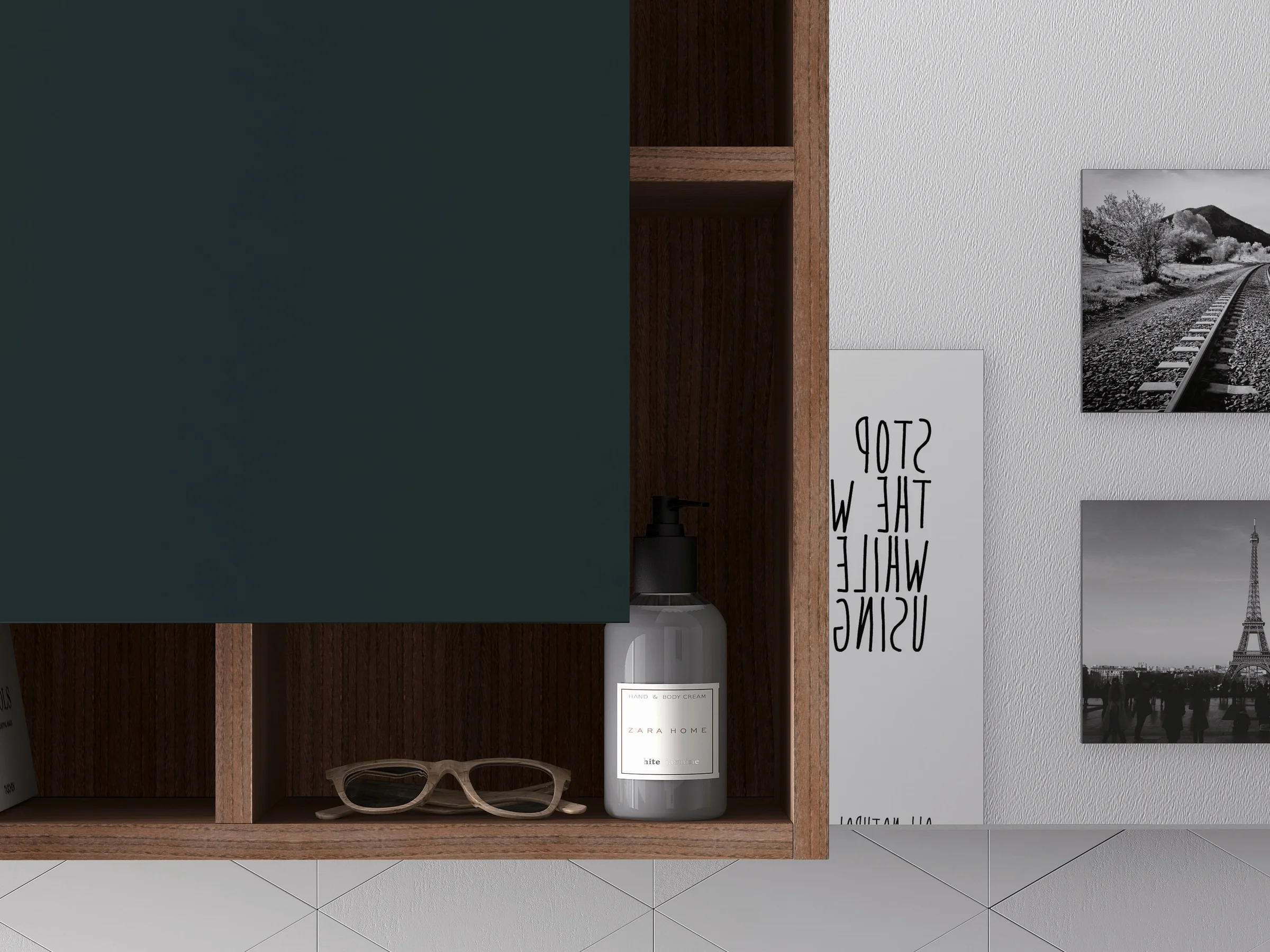 Waschtisch OLA NW-12/Y mit weißer Ocritech-Platte und dunklen Holzfronten neben blaugrünem Hochschrank