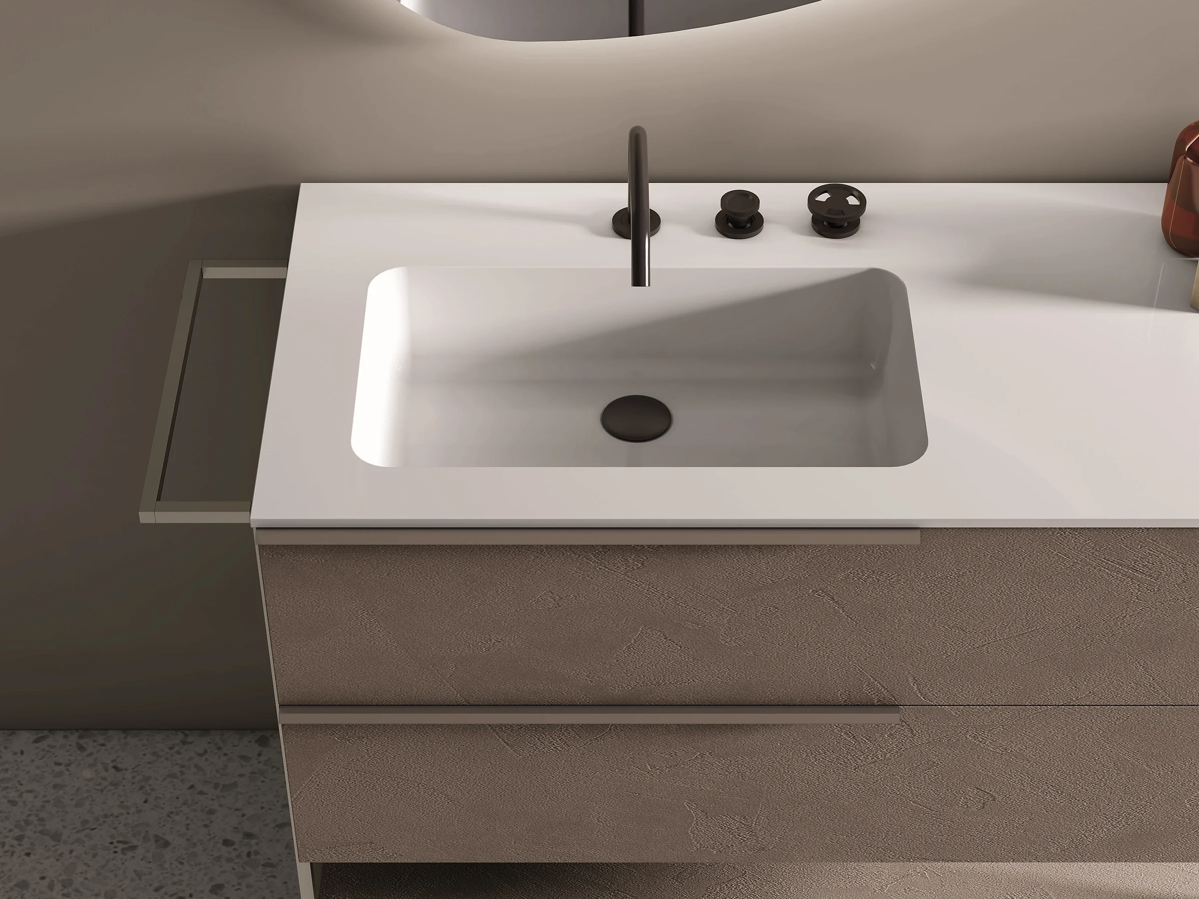 Bodenstehender Waschtisch OLA NW2_08 mit weißer Mineraltek-Platte und hellen Fronten auf Metallbeinen