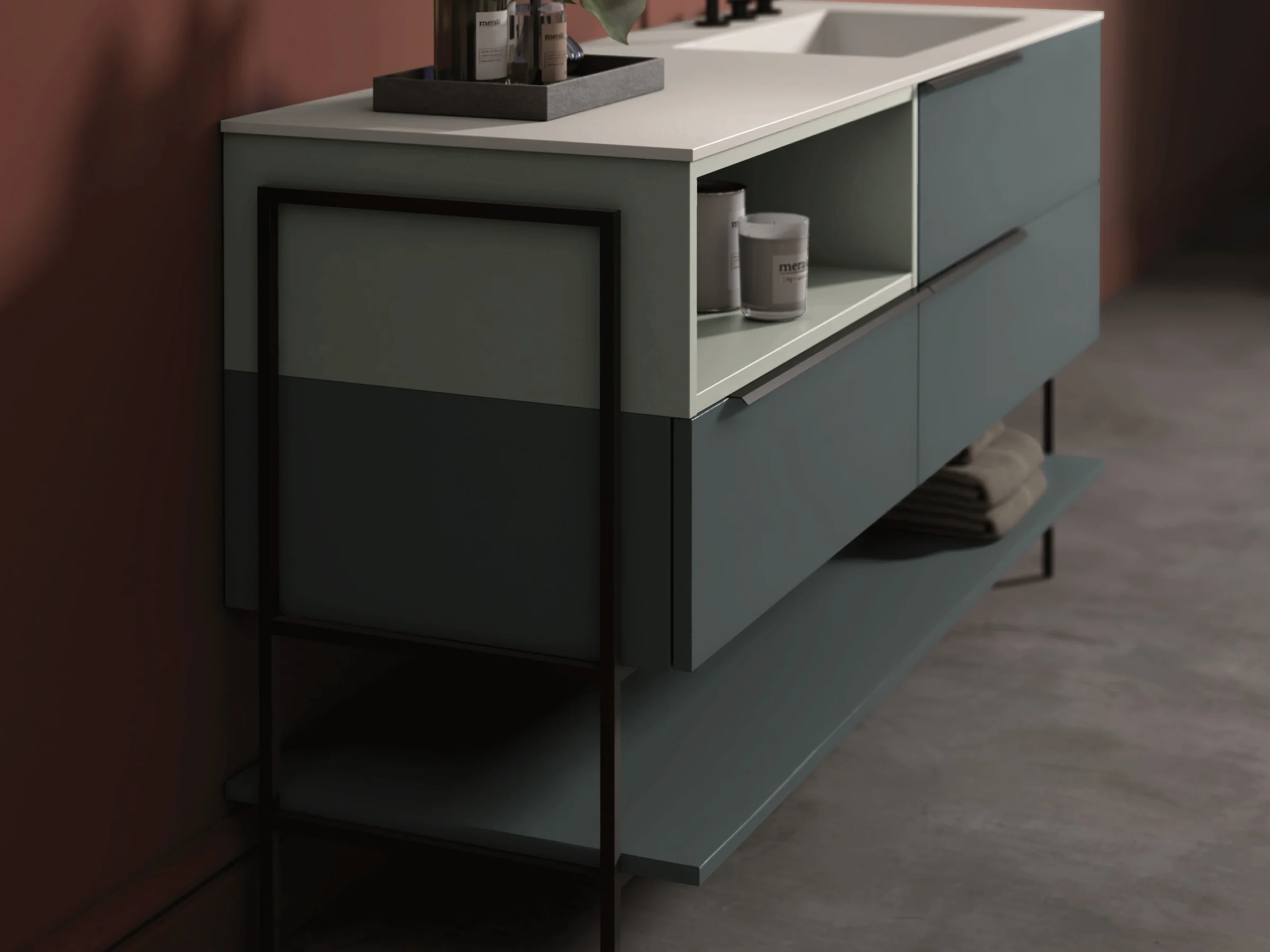 Waschtisch OLA NW2_13B mit heller Lava-Platte und Fronten in Blaugrau und Lichtgrau mit schwarzen Metalldetails