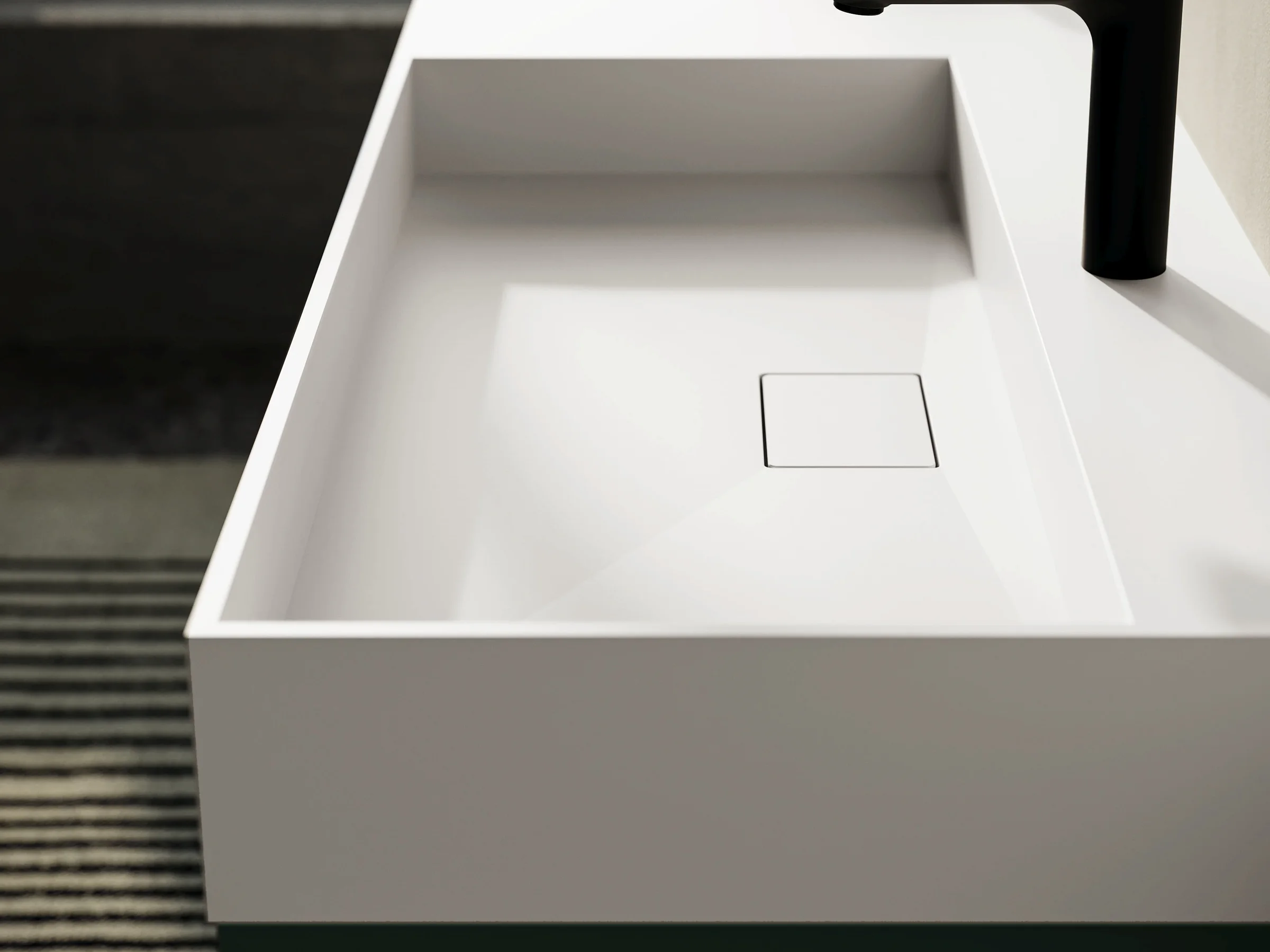 Waschtisch REVERSO 04 mit weißer Ocritech-Platte und gerillten Fronten in gedämpftem Graugrün