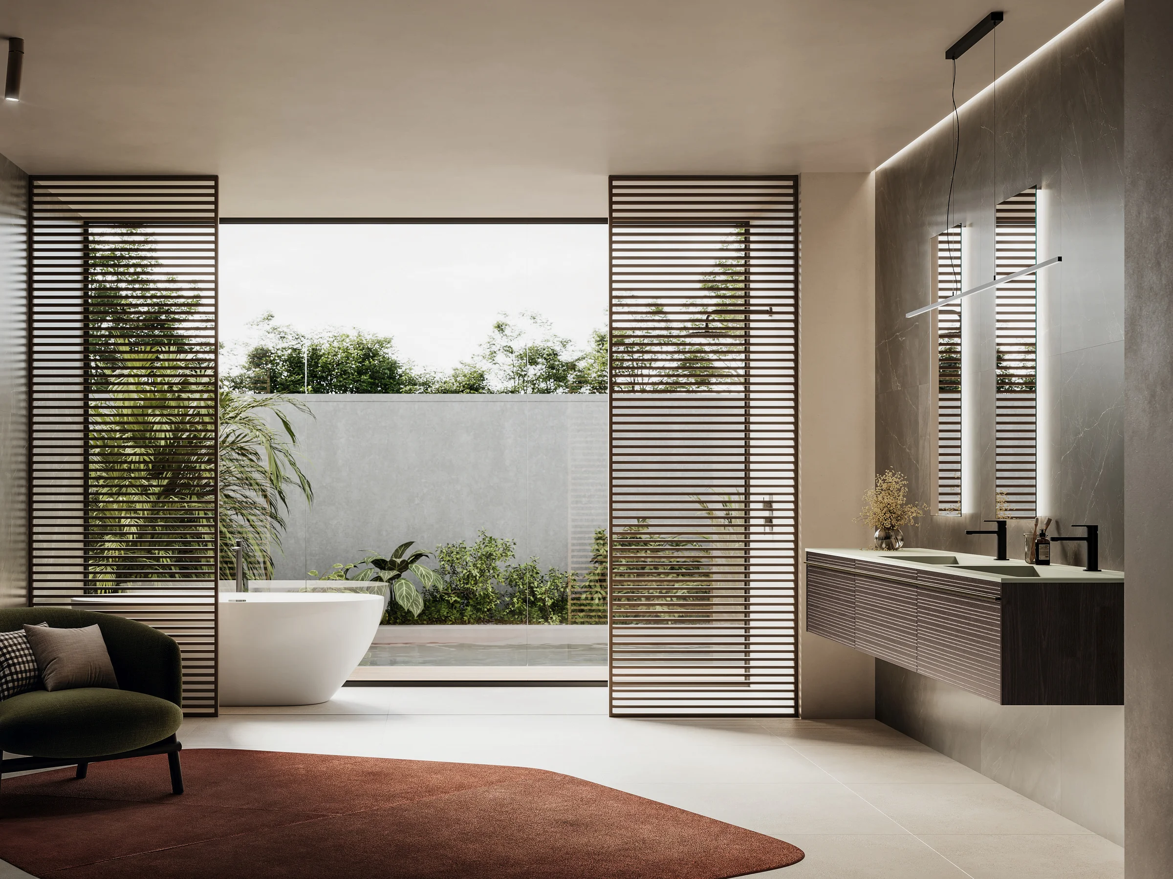 Doppelwaschtisch REVERSO 05 mit heller Mineraltek-Platte und dunklen gerillten Holzfronten