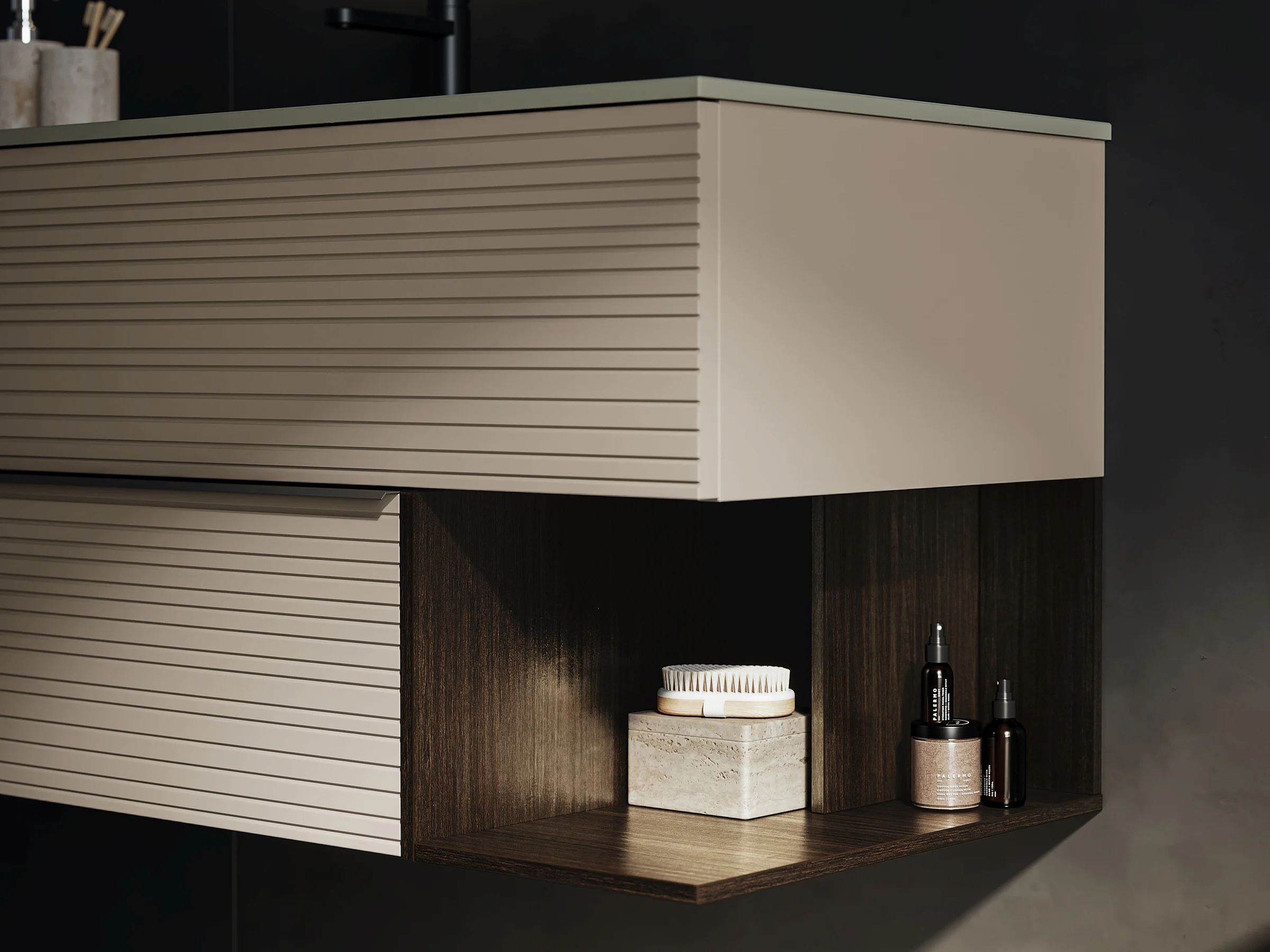 Waschtisch REVERSO 06 mit dunkler Gress-Marmorplatte und heller Rillenfront in Stone Grey