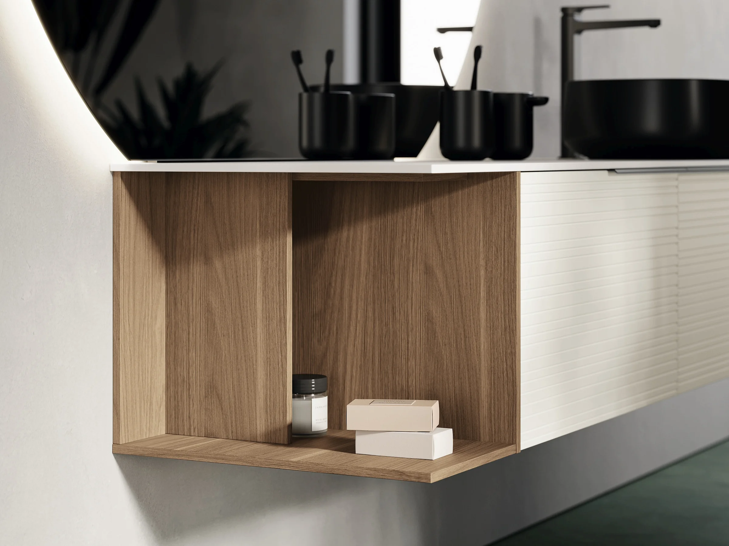 Waschtisch REVERSO 09 in Weiß mit schwarzem ovalem Auflagebecken und gerillten Fronten