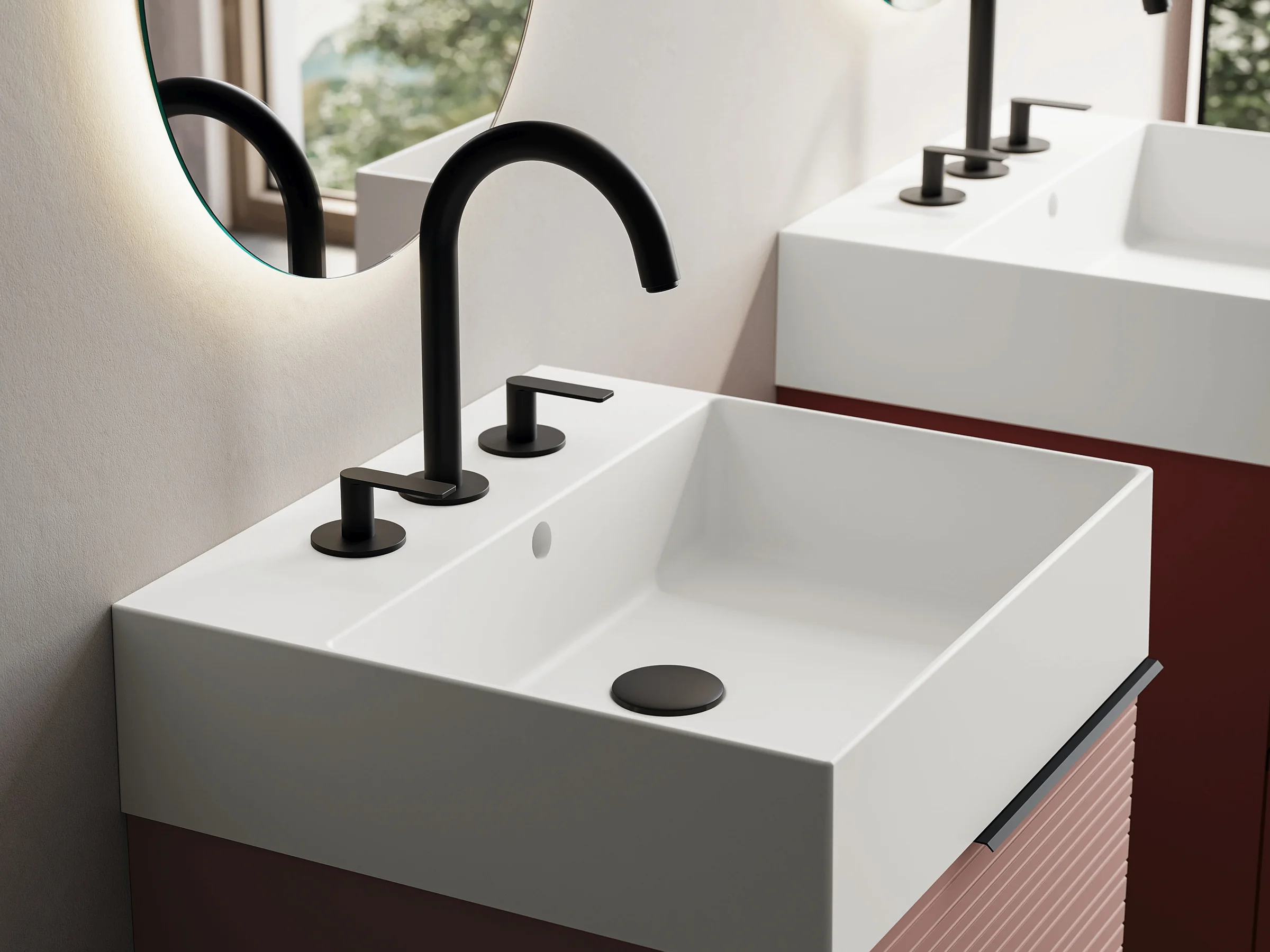 Fugenloser Waschtisch mit Unterschrank, Serie REVERSO, 50 x 45 cm. Individuell geplanter Waschplatz nach Maß.