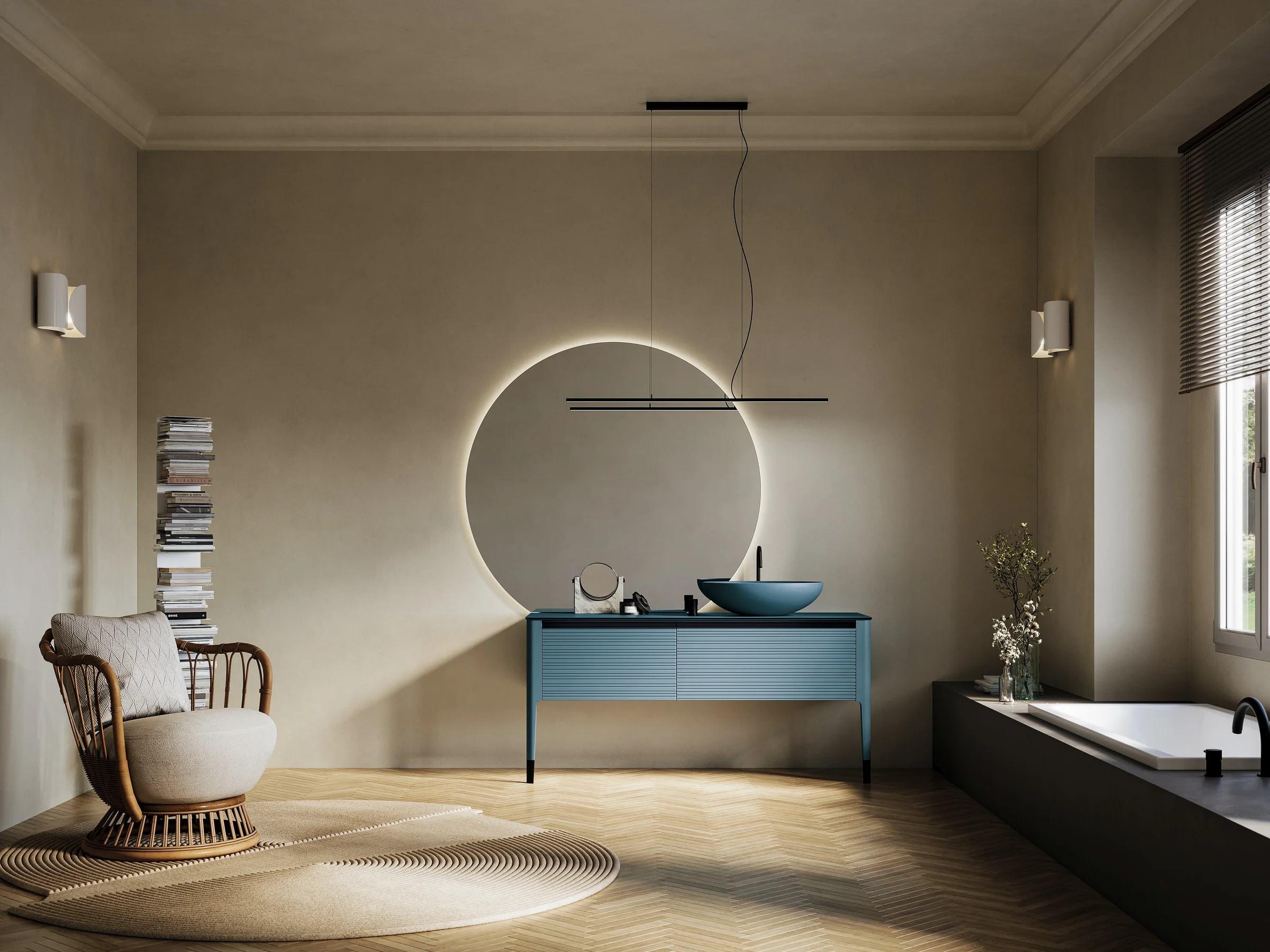 Waschtisch REVERSO 14 durchgehend in tiefem Petrolblau mit gerillter Front und rundem Auflagebecken