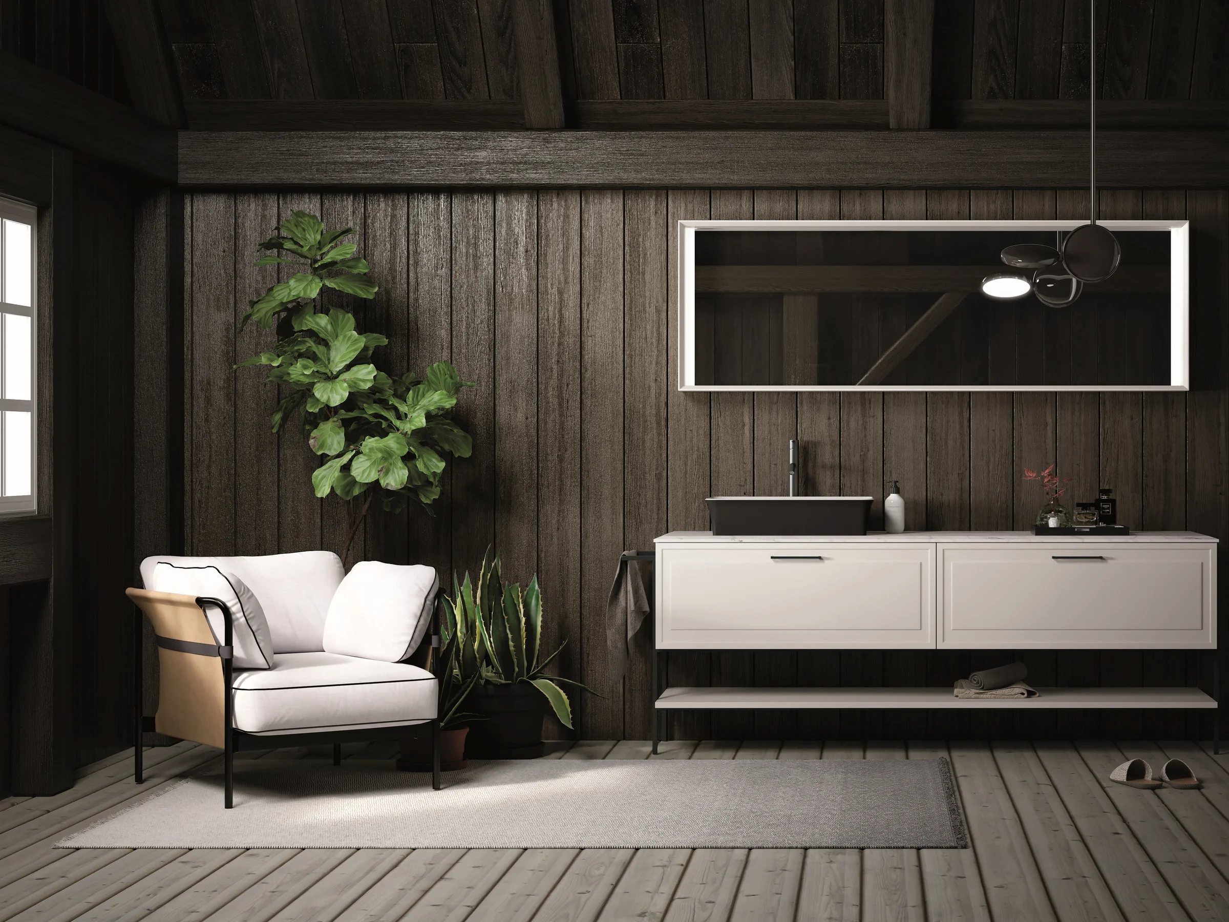 Bodenstehender Waschtisch ROMA 01 in Weiß mit heller Marmorplatte und schwarzen Metallbeinen