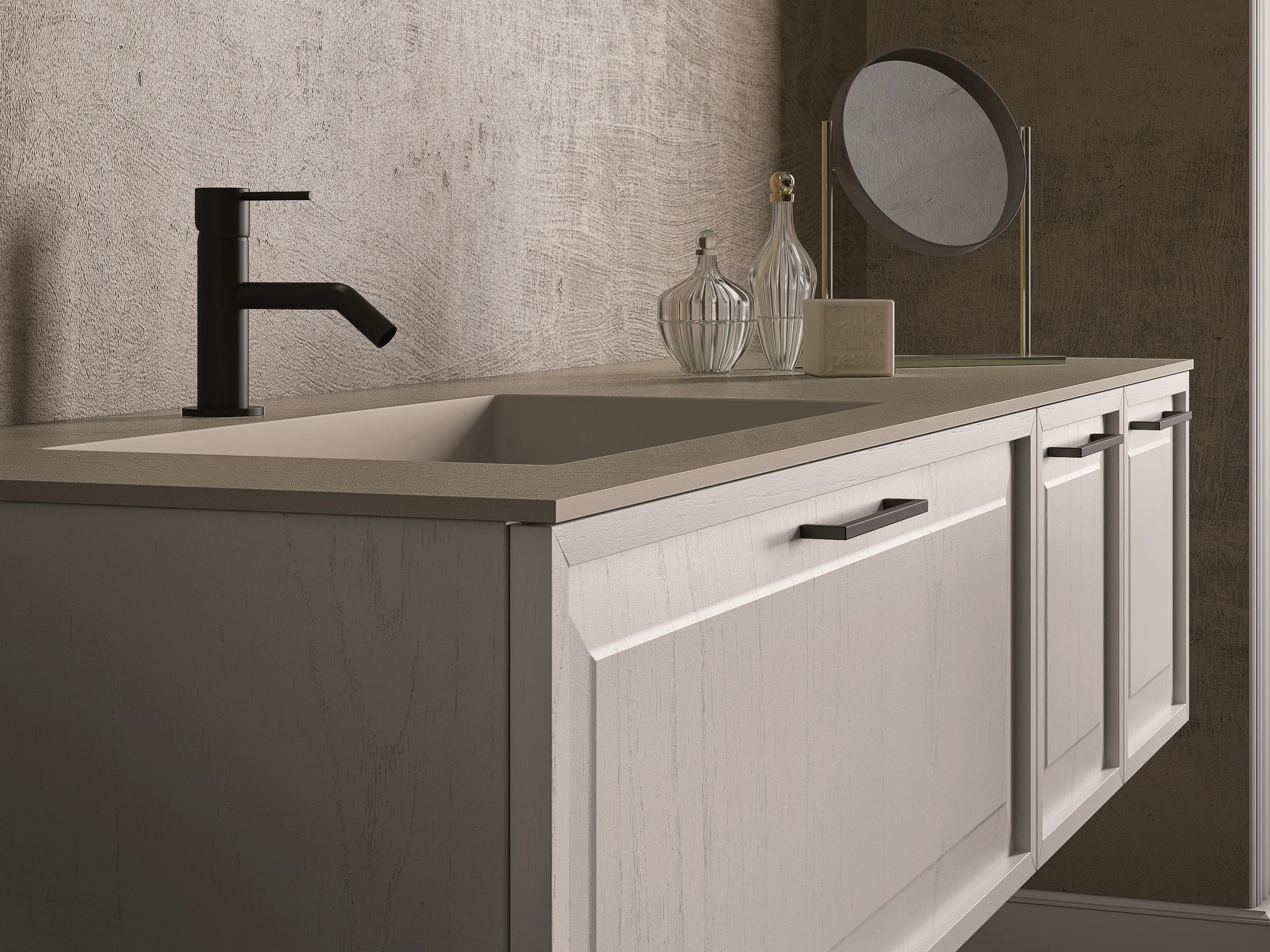 Waschtisch ROMA 09 mit warmer Concrete-Platte in Greige und flachem Unterschrank in Seidengrau