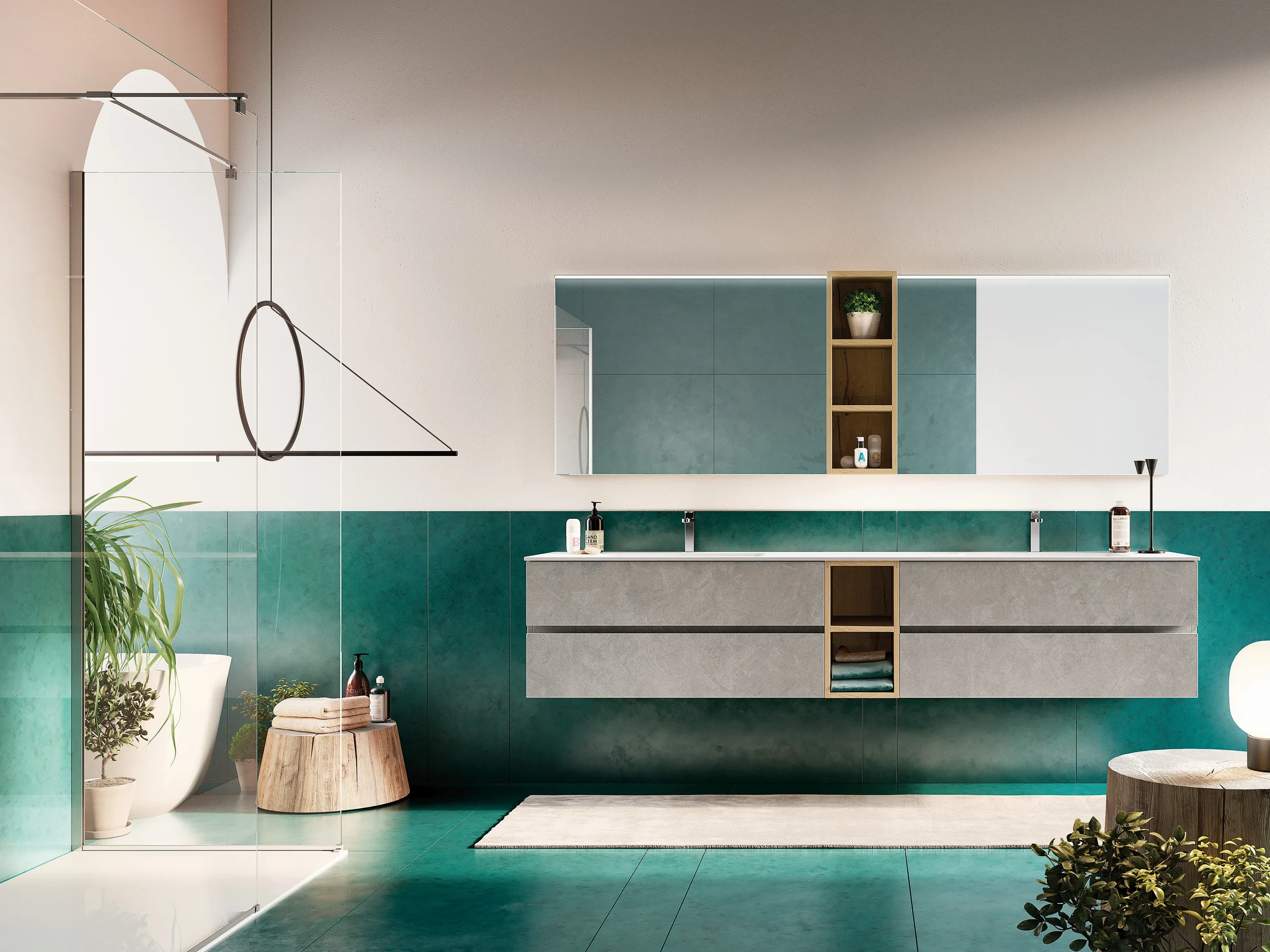 Doppelwaschtisch U&D 01 mit weißer Ocritech-Platte und modularen Fronten in Stein- und Holzdekor