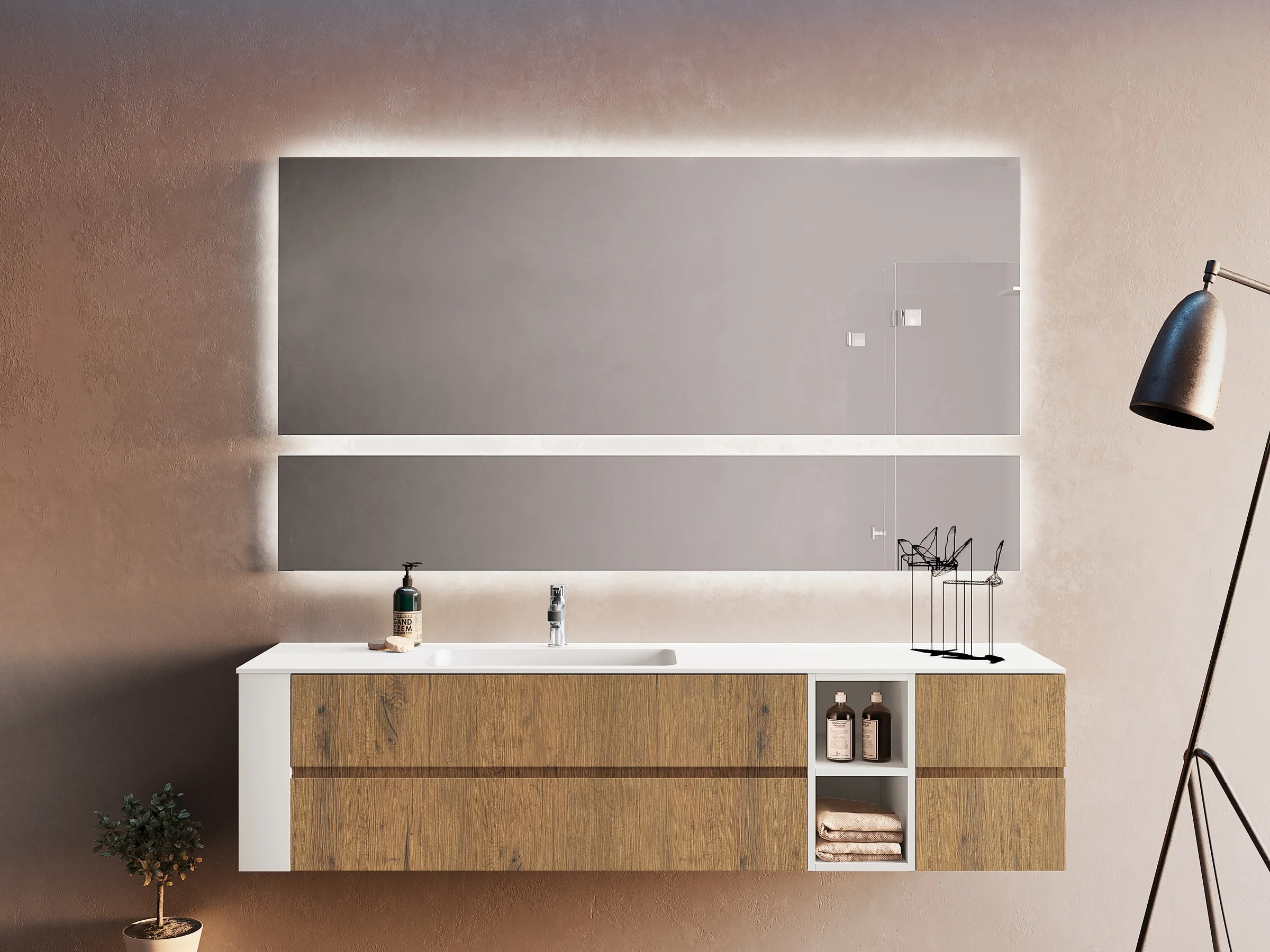 Waschtisch U&D 02/A mit weißer Ocritech-Platte und hellen Holzfronten in zwei ergänzenden Dekoren