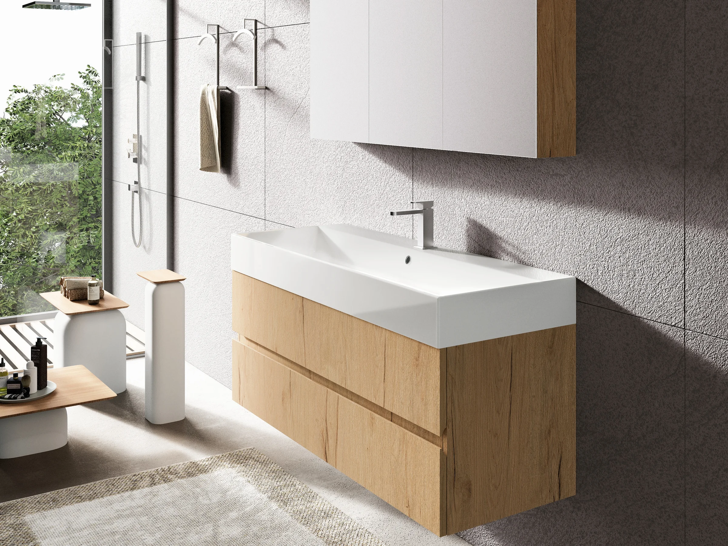 Fugenloser Waschtisch mit Unterschrank, Serie UP&DOWN, 120 x 45 cm und Spiegelschrank. Individuell geplanter Waschplatz nach Maß.