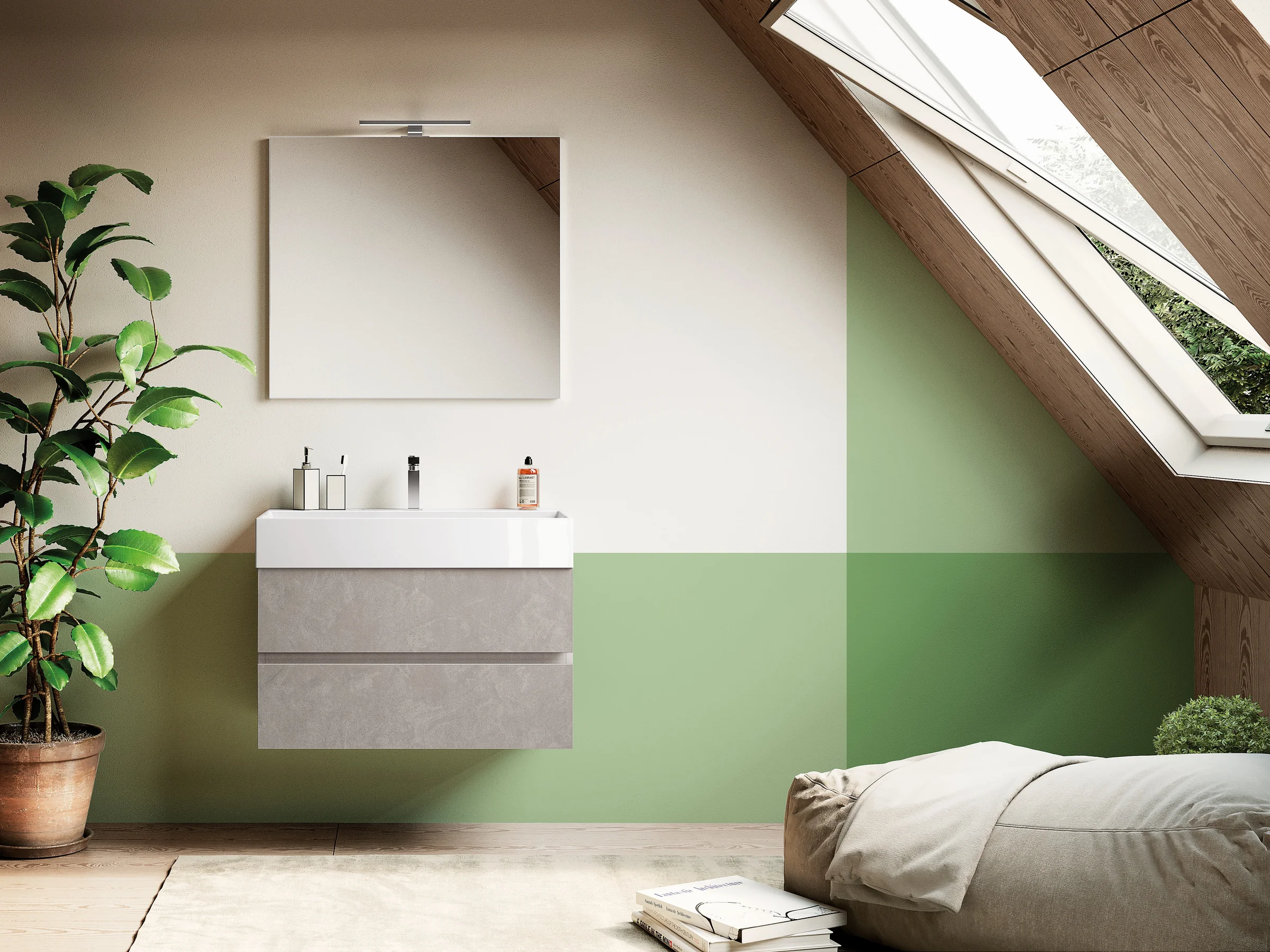 Kompakter Waschtisch U&D 12 mit weißem kubischem Auflagebecken auf hellem Steindekor-Unterschrank