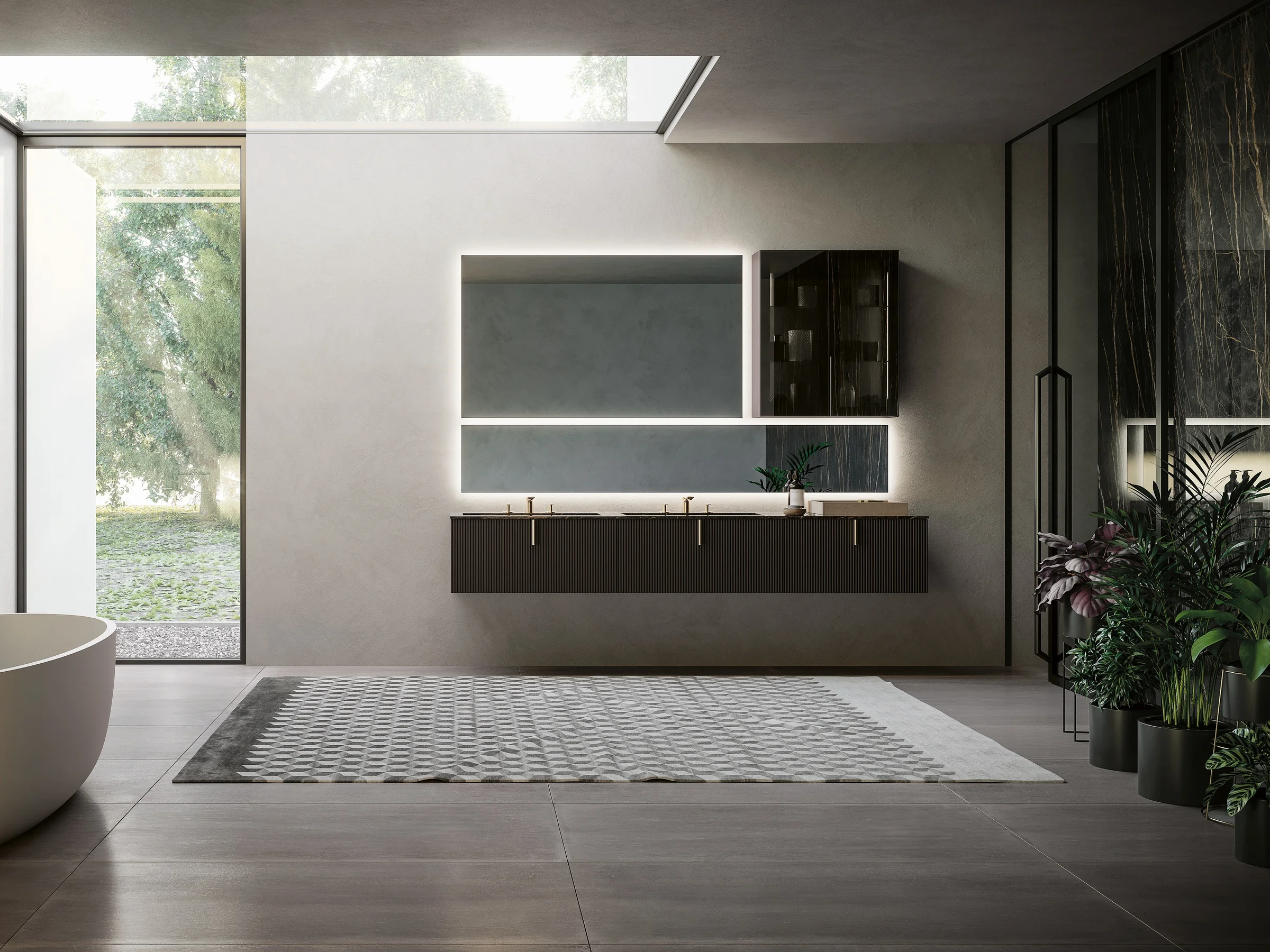 Waschtisch VERTIGO 01 mit schwarzer Gress-Marmorplatte mit goldenen Adern auf breitem dunklem Unterschrank