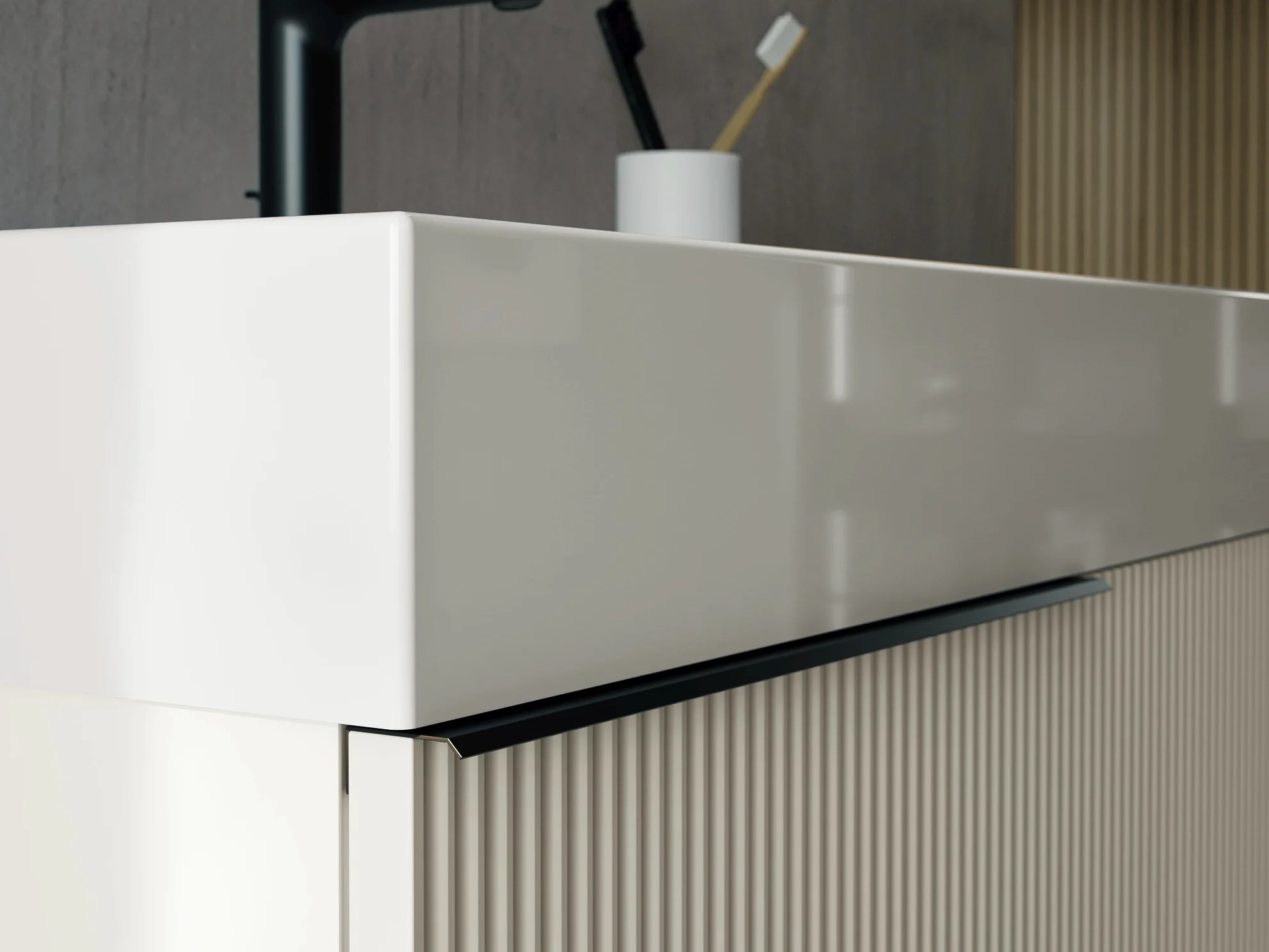 Bodenstehender Waschtisch VERTIGO 02 in Weiß mit kubischem Auflagebecken auf schlanken Metallbeinen