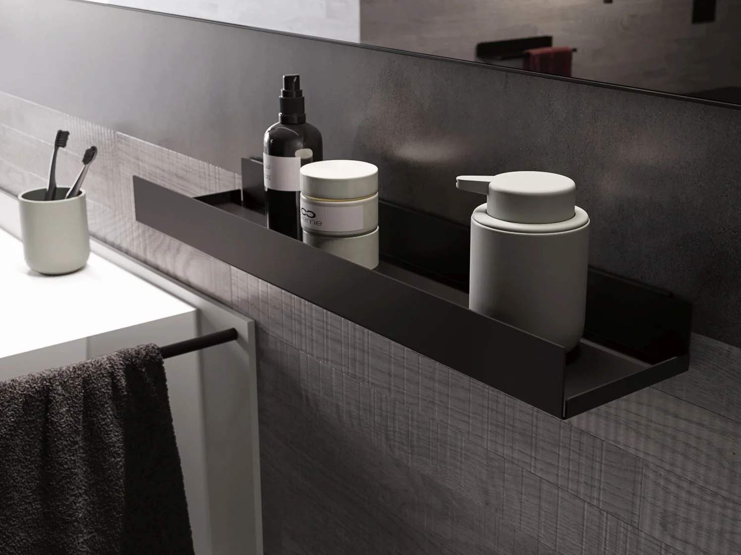 Waschtisch VERTIGO 04 mit dunklem Holzdekor und weißem kubischem Auflagebecken und schwarzen Metallablagen