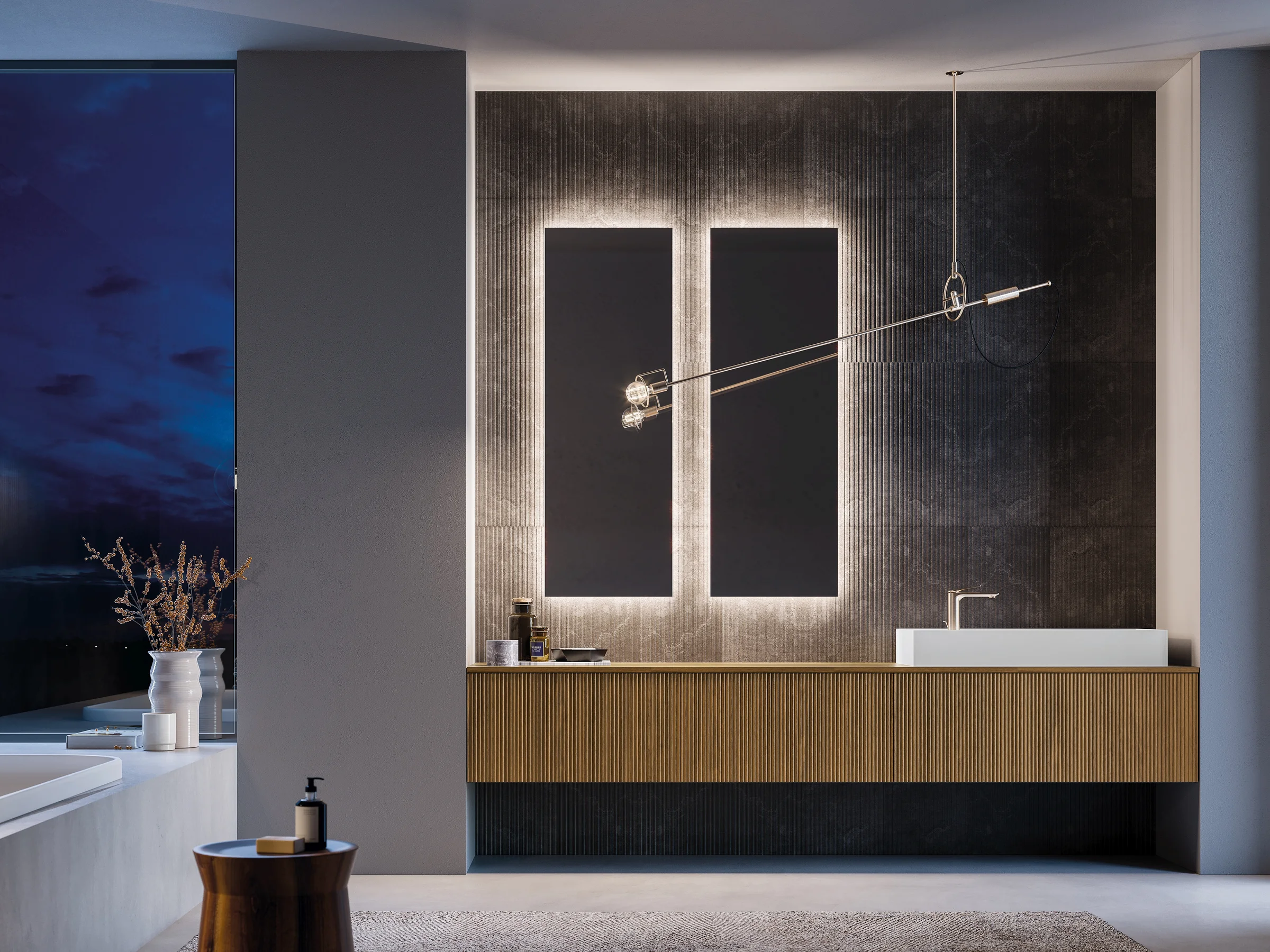 Waschtisch VERTIGO 06 mit dunkler Holzplatte und helleren Holzfronten mit weißem Auflagebecken und Goldarmatur