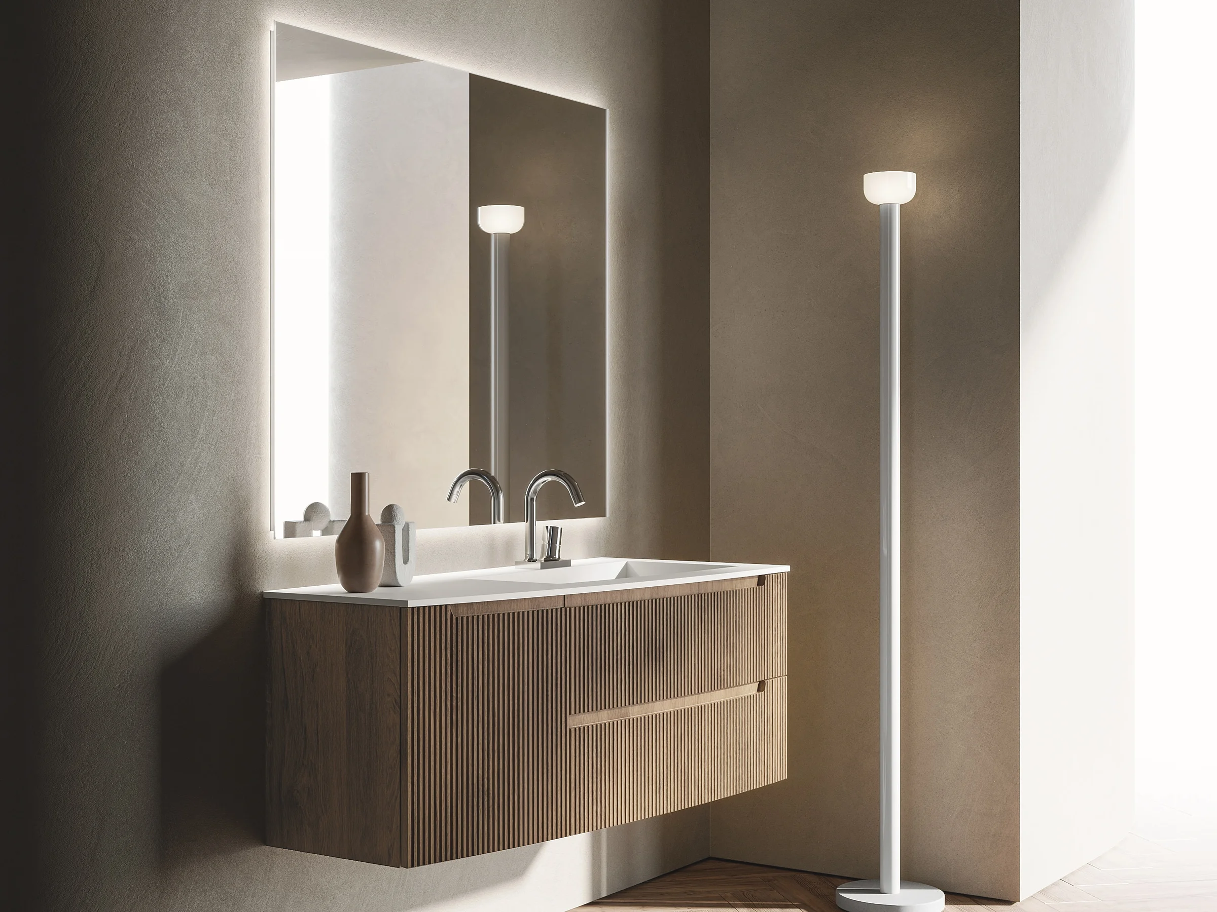 Waschtisch VERTIGO EVO 02 mit weißer Ocritech-Platte und konvex gewölbten Fronten in dunklem Holzdekor