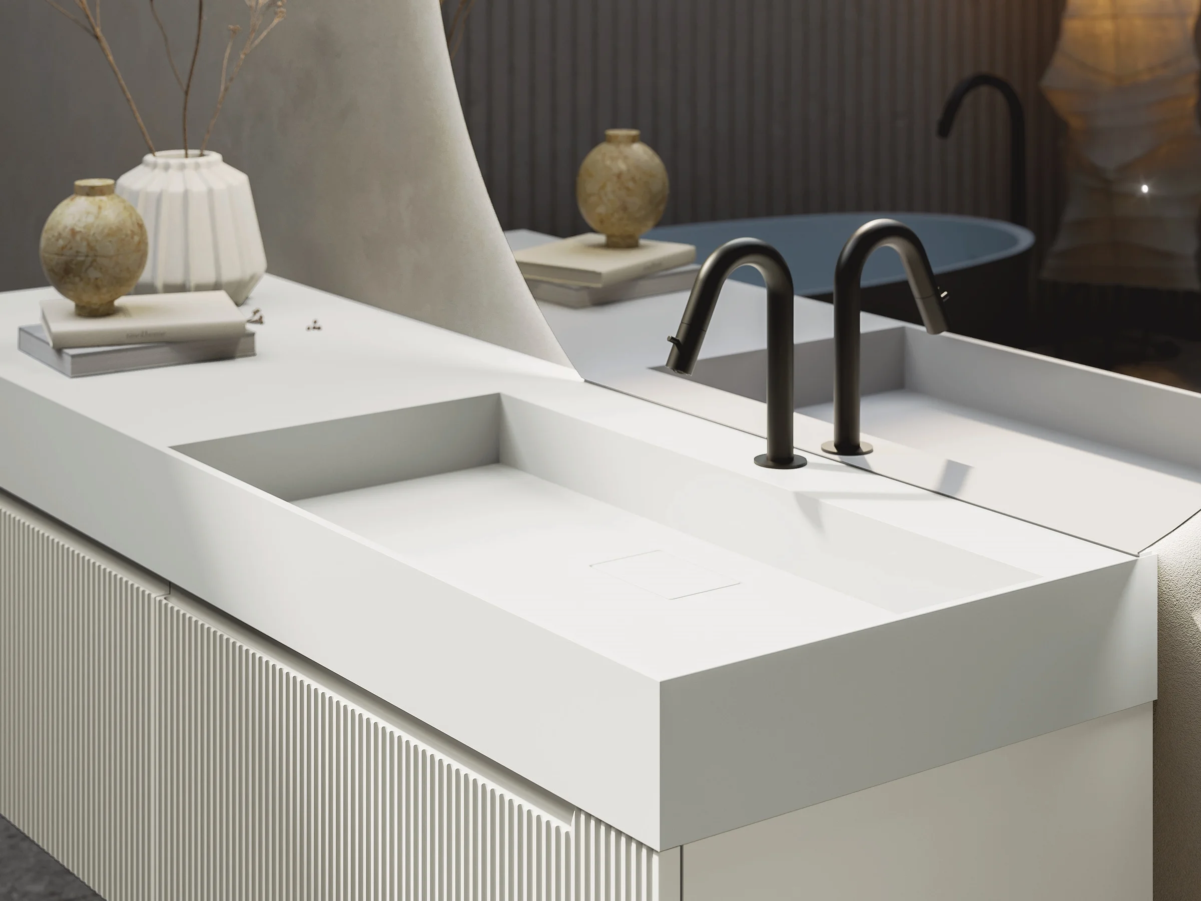 Waschtisch VERTIGO EVO 04 in Weiß mit konvex gewölbten Fronten und fugenloser Ocritech-Platte