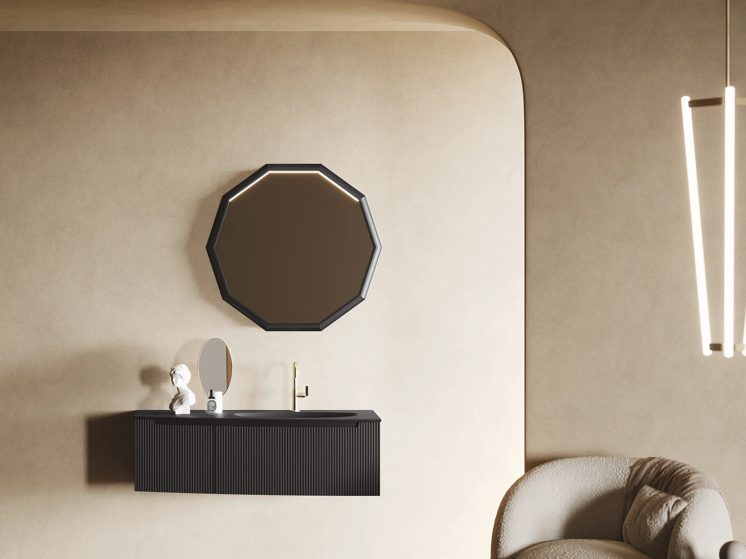 Waschtisch VERTIGO EVO 05 durchgehend in Graphitschwarz mit organischem Becken und goldener Armatur